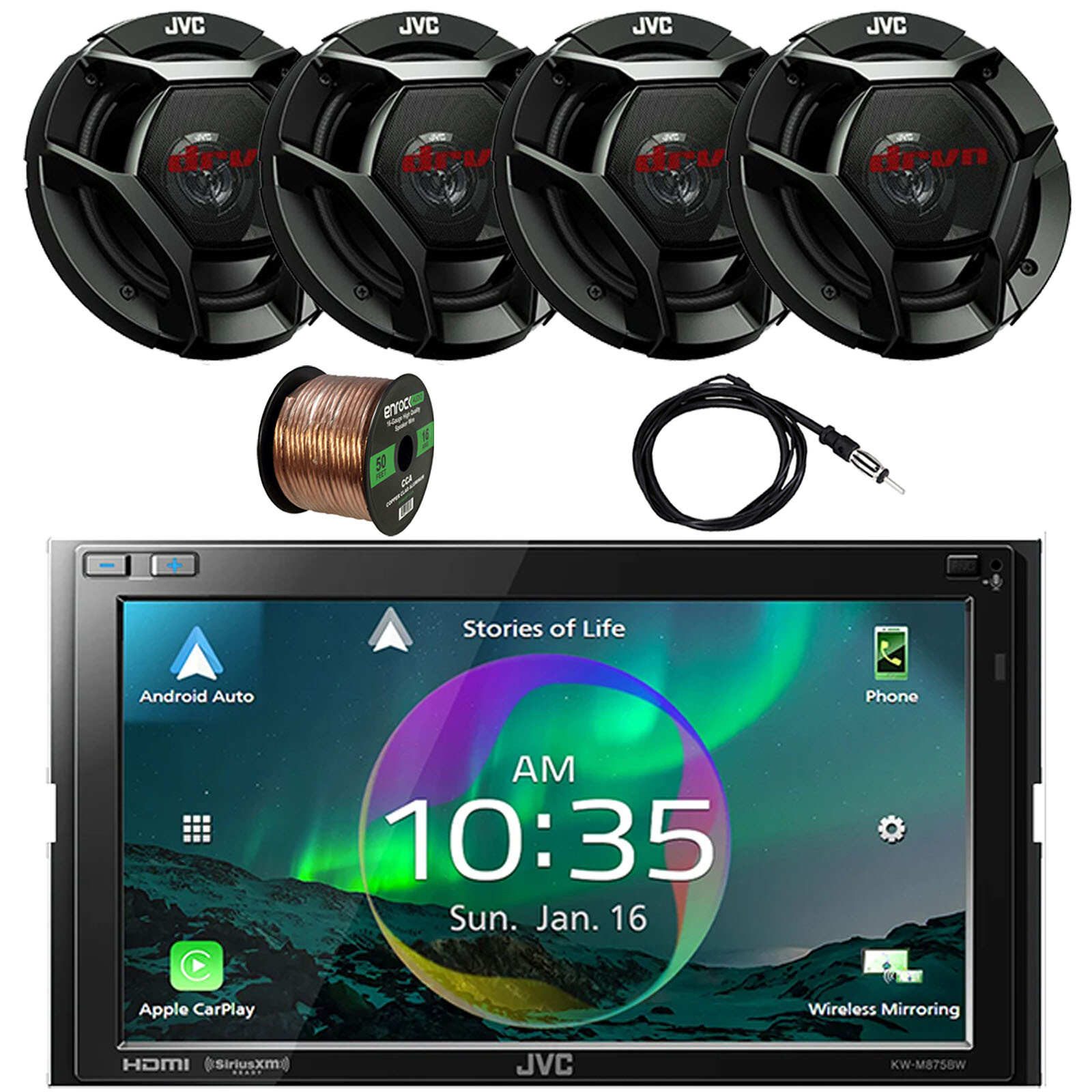 JVC 6.8″ Touchscreen HDMI/WiFi Car Radio, 4x 6.5″ 300W Speakers, Antenna, Wire