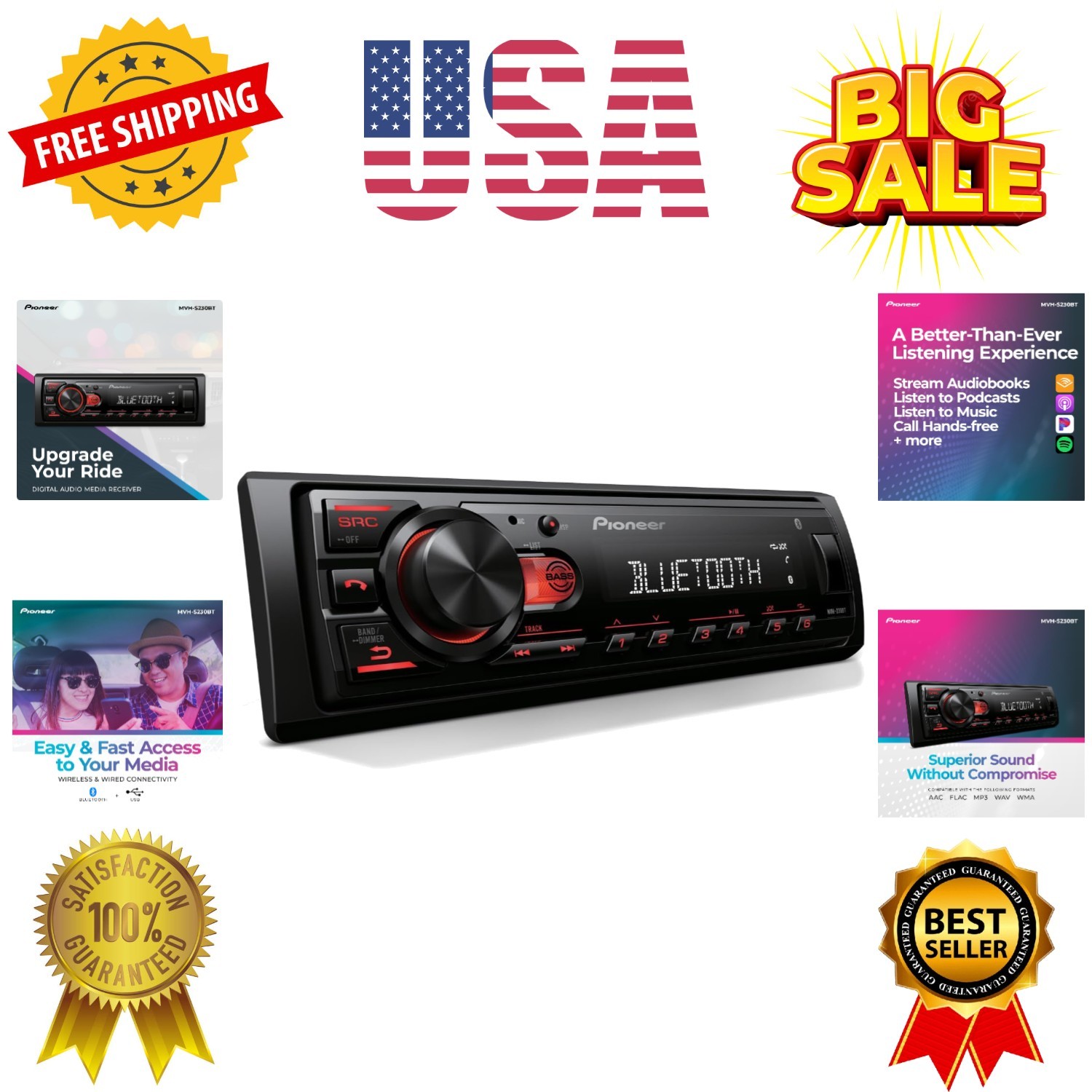 1-Din Digital Media Receiver – Bluetooth, USB, 50W x 4 Output, AM/FM Radio, i…
