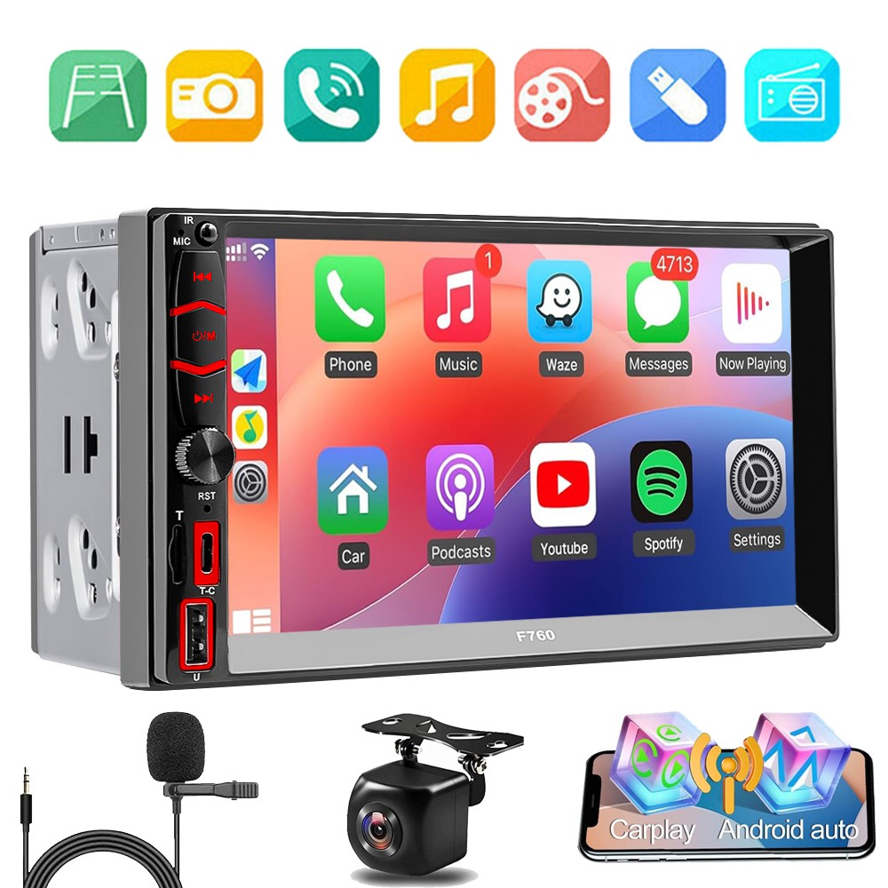 7″ Double DIN GPS Car Stereo Wireless Android Auto &CarPlay,Bluetooth+camera