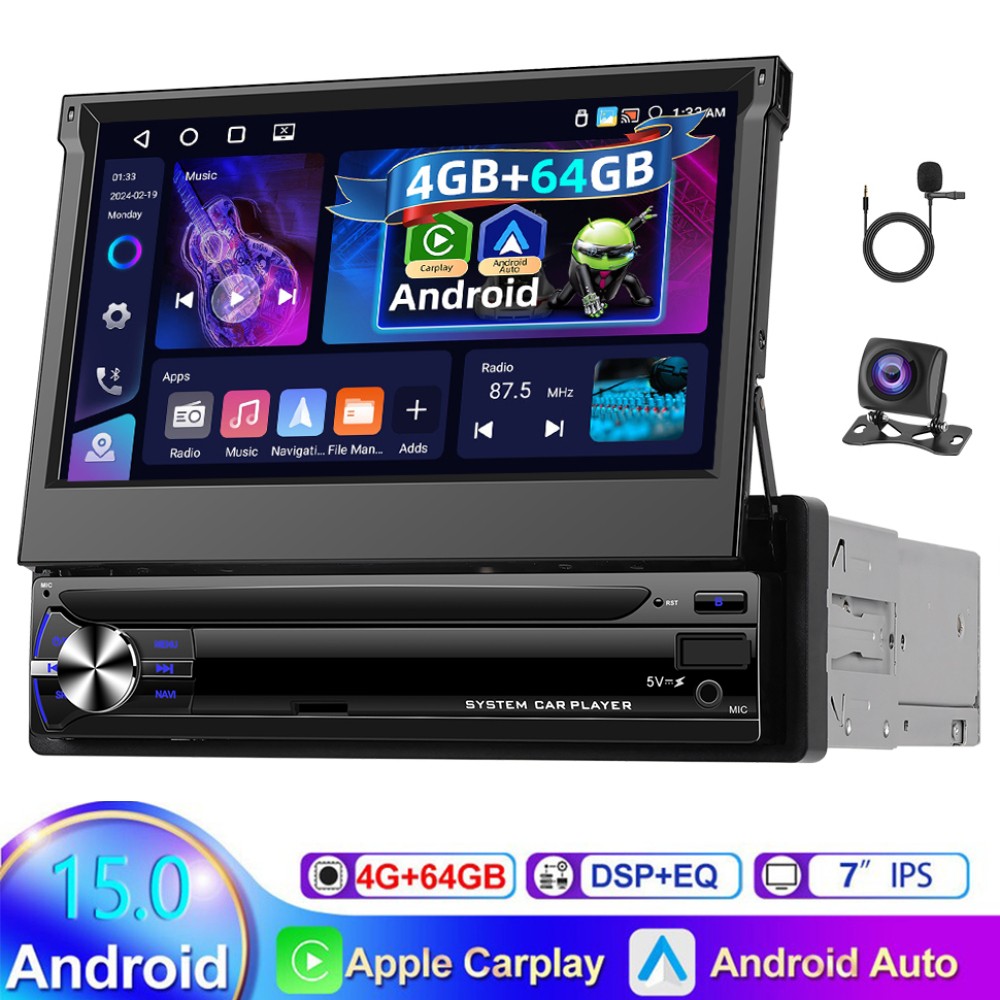 7” 4+64GB Android 15.0 Single 1 Din Car Stereo Radio GPS Navi WIFI FM RDS CAM
