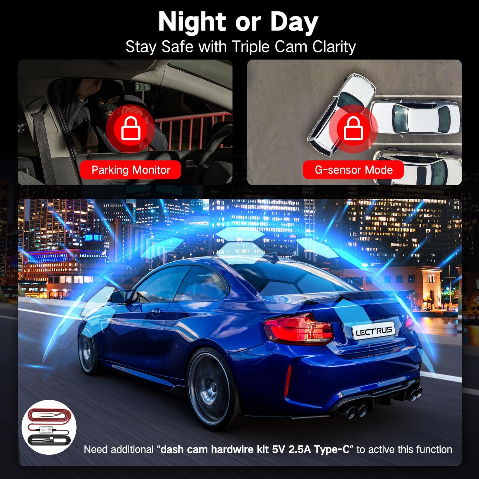 4K UHD 3-Channel Dash Cam Front/Rear/Inside Car Camera with 64GB – Night Vision/