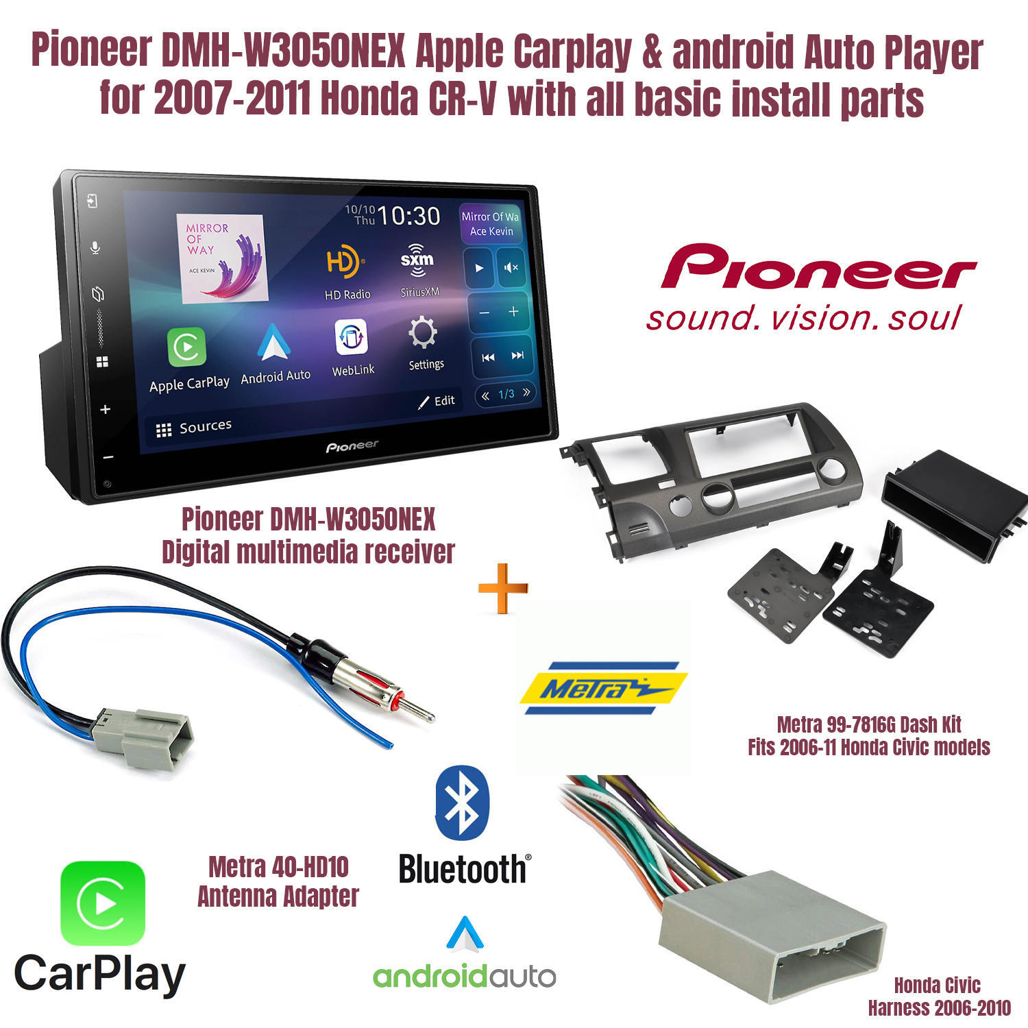 Apple Carplay & Android Auto Player for 2007-11Honda CR-V with all install parts