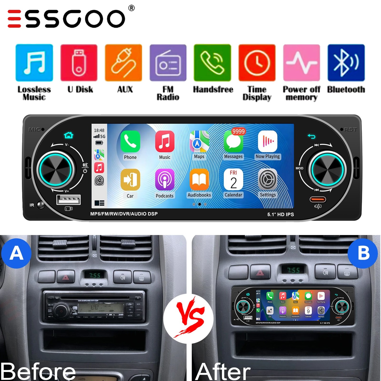Car Radio Stereo 1Din Bluetooth FM BT Audio Head Unit MP3 Player USB AUX In-Dash