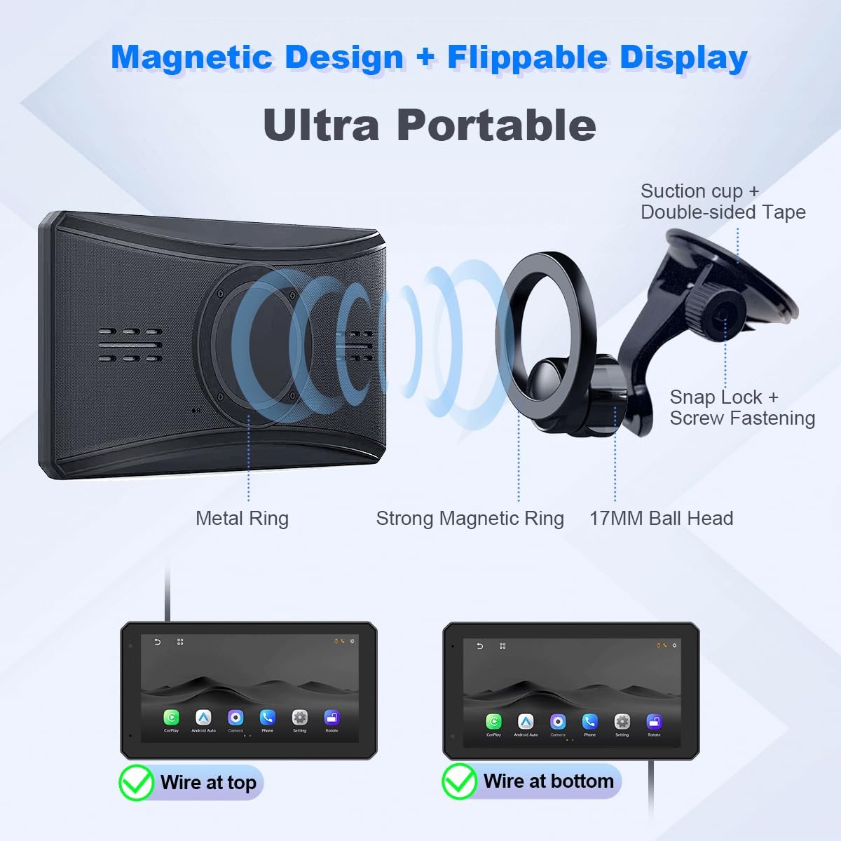 6.1″ Wireless CarPlay Android Auto Screen Portable Car Stereo Backup Camera