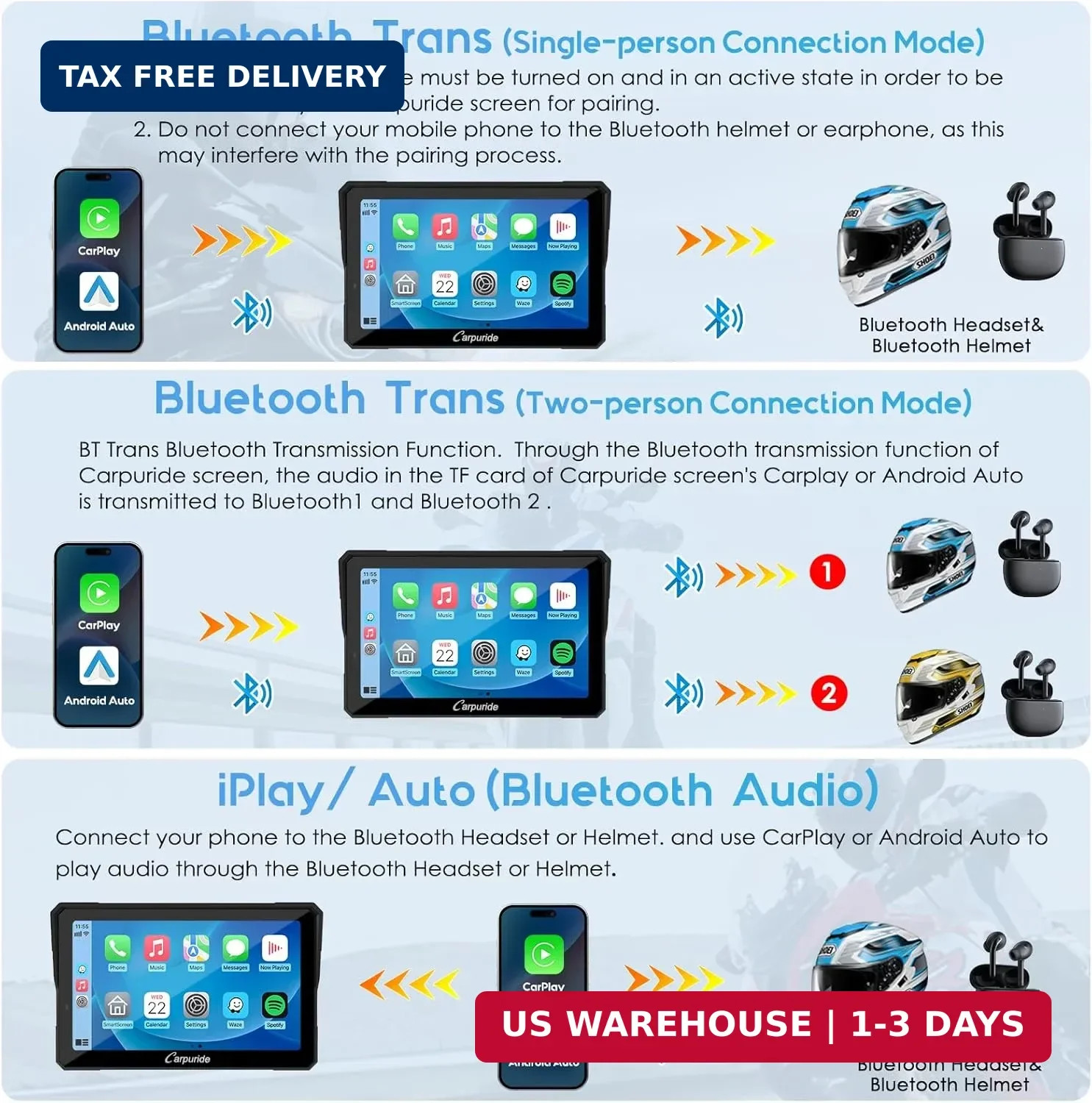 Carpuride W702PRO for Motorcycle CarPlay& Android Auto& Dual Bluetooth – 7″ Wate