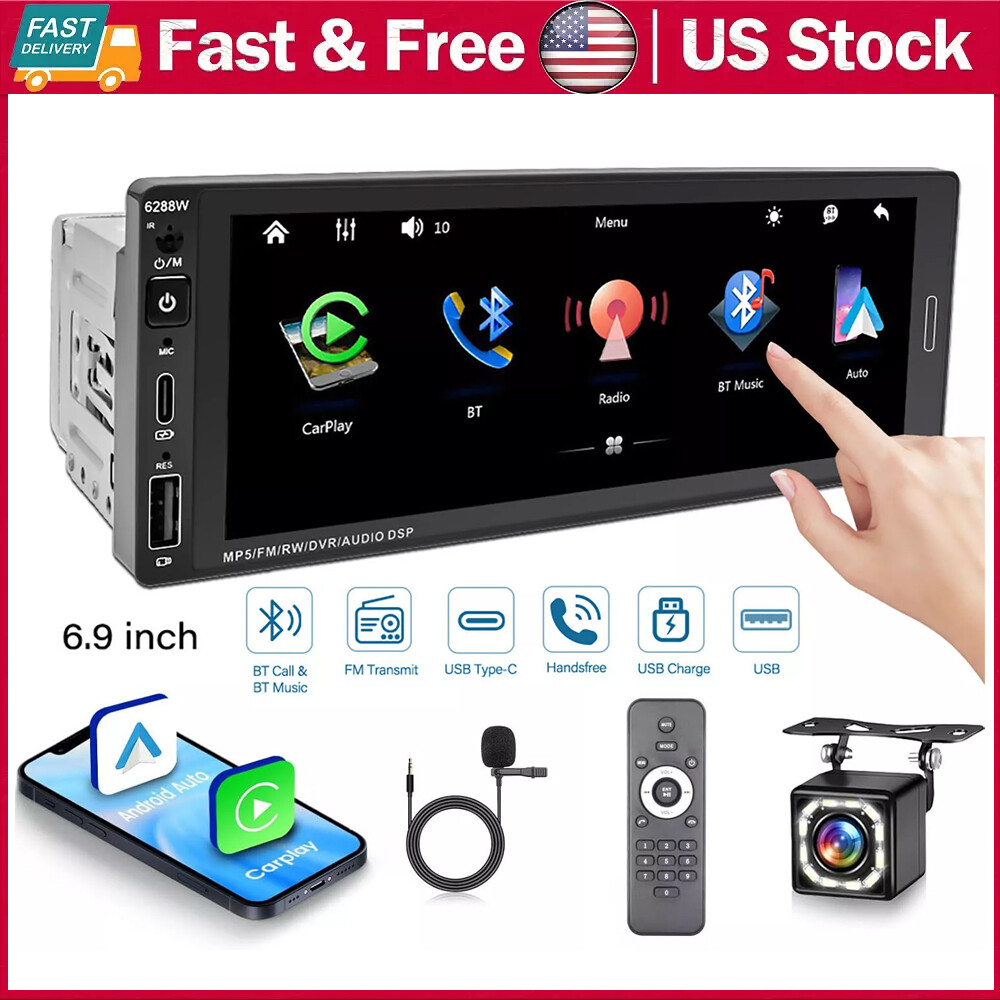 Single Din Car Stereo Wireless Apple Carplay 6.9 Touchscreen Bluetooth Radio Usb