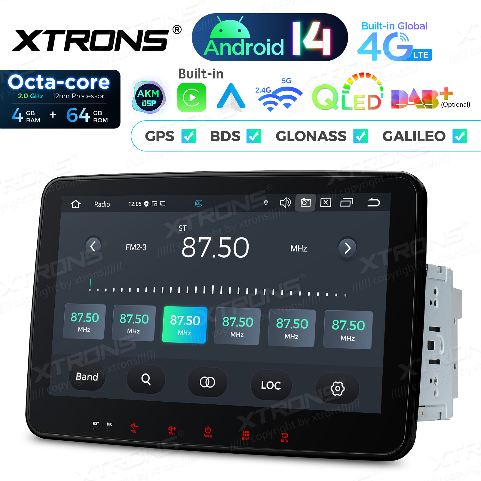 XTRONS 2-DIN 10.1″ Android 14 Car GPS Stereo 8-Core 4+64GB Radio BT5.0 WiFi 4G