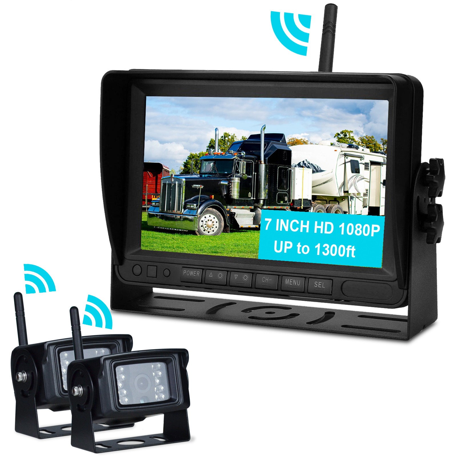 7″ Wireless AHD 1080P Display 2CH Rear View Backup Camera Kit for Truck Trailer