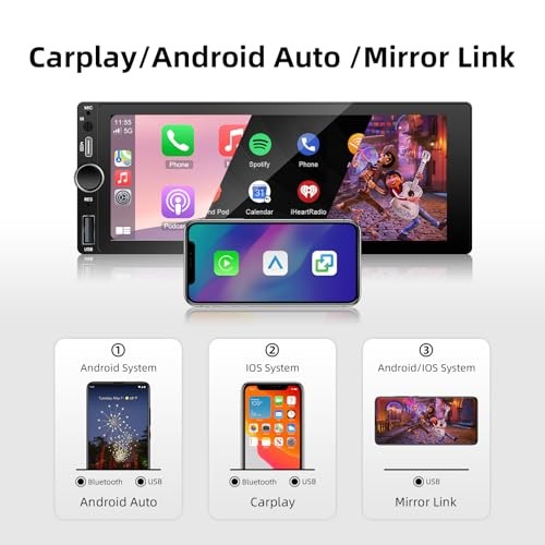 Single Din Car Stereo with Wireless Carplay Android Auto, 6.86 Inch IPS Touch