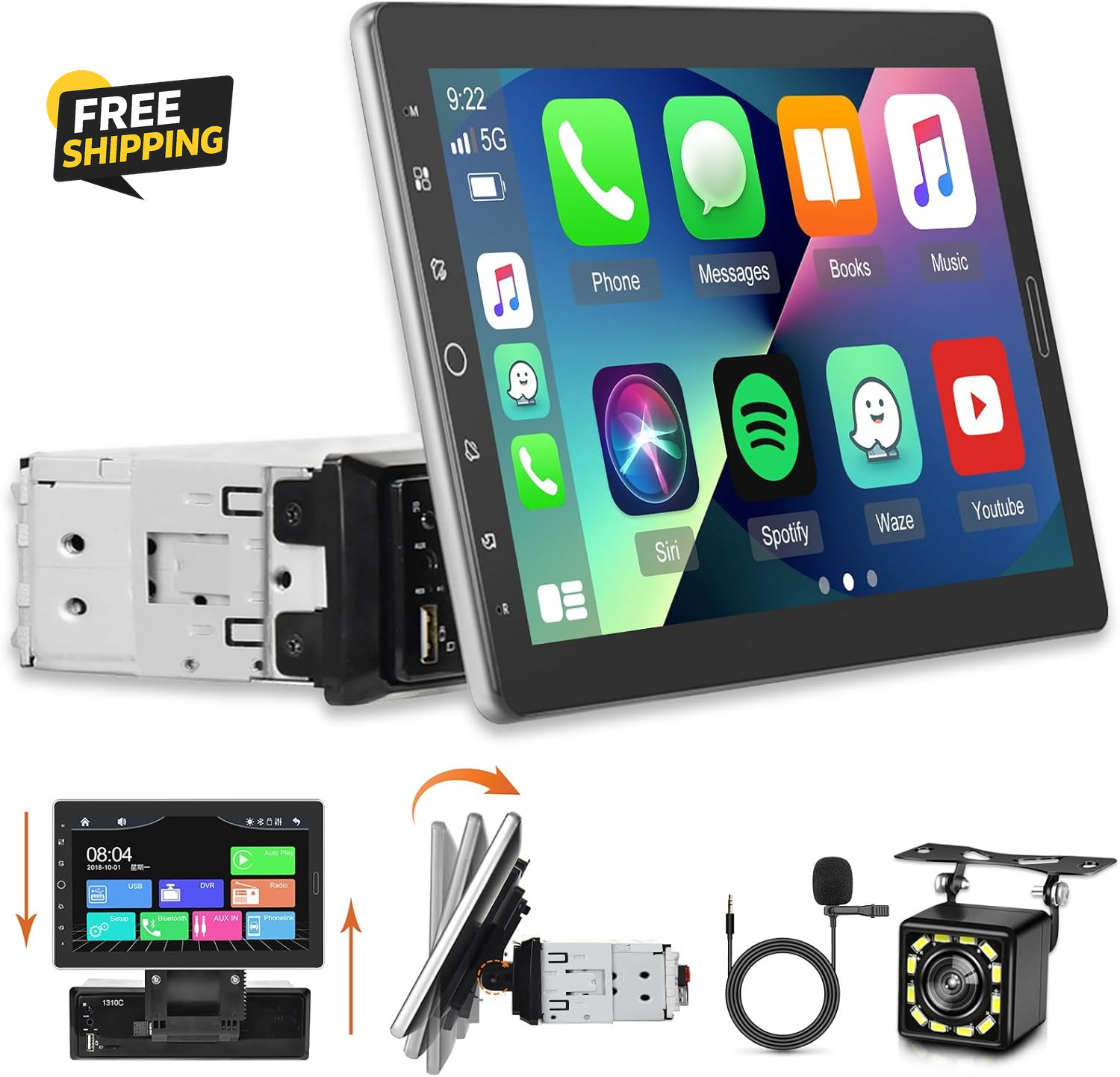10.1 Inch Single Din Car Stereo with Carplay and Android Auto, 10 Inch