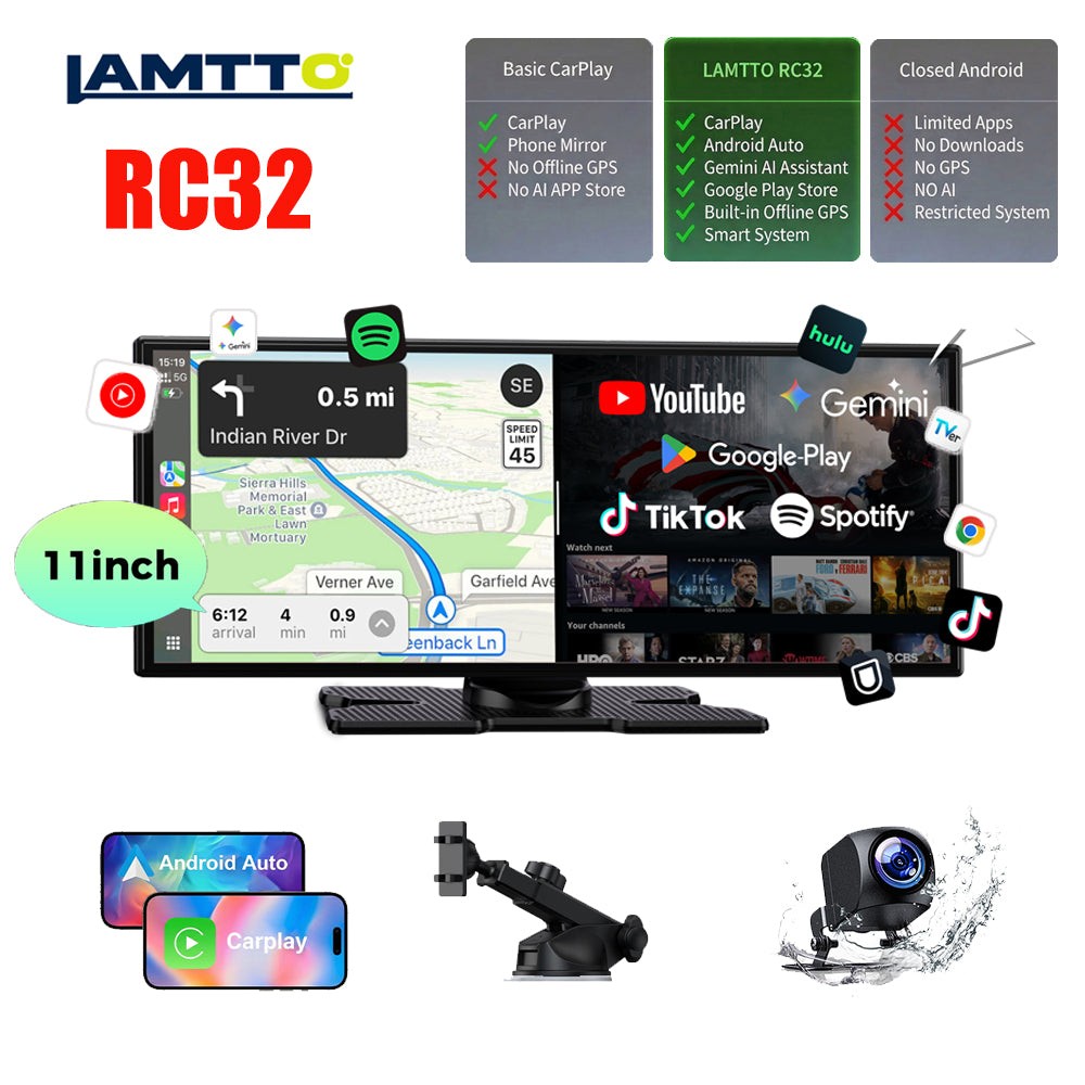 11″ AI CarPlay Screen with Gemini & Download App, Wireless Car Play Built-in GPS