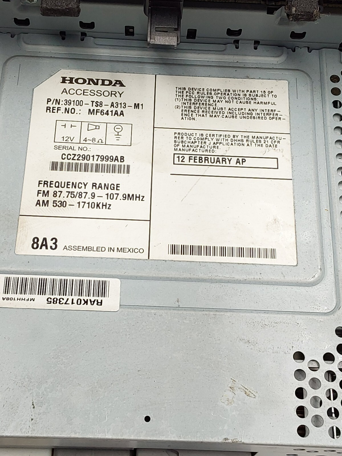 2012 Honda Civic AM/FM CD Radio Receiver w/ Faceplate 39100-TS8-A313-M1