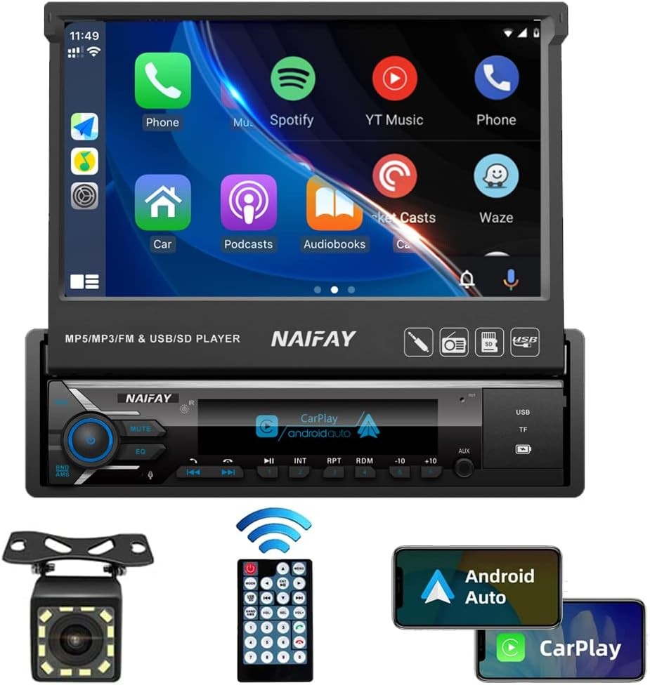 Naifay Single Din Touchscreen Car Stereo with wired carplay and android auto
