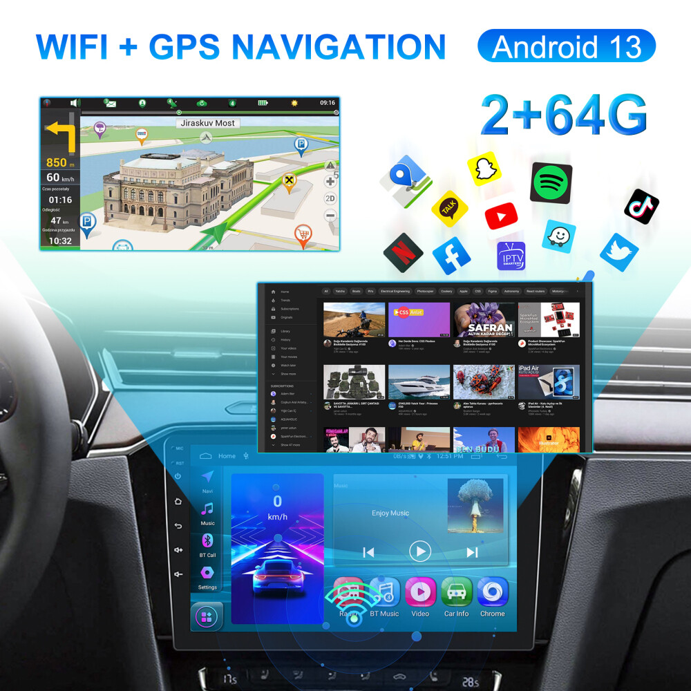 4G+64G Android 13.0 CarPlay Car Stereo Radio 10.1″ Double 2 Din GPS Navi +Camera