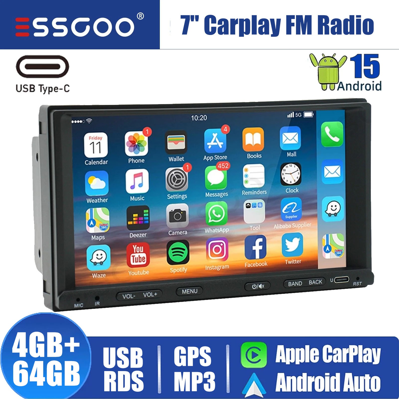 7″ Android 15 Double 2Din Car Stereo CarPlay Auto Radio GPS Navi WiFi BT 4+64GB