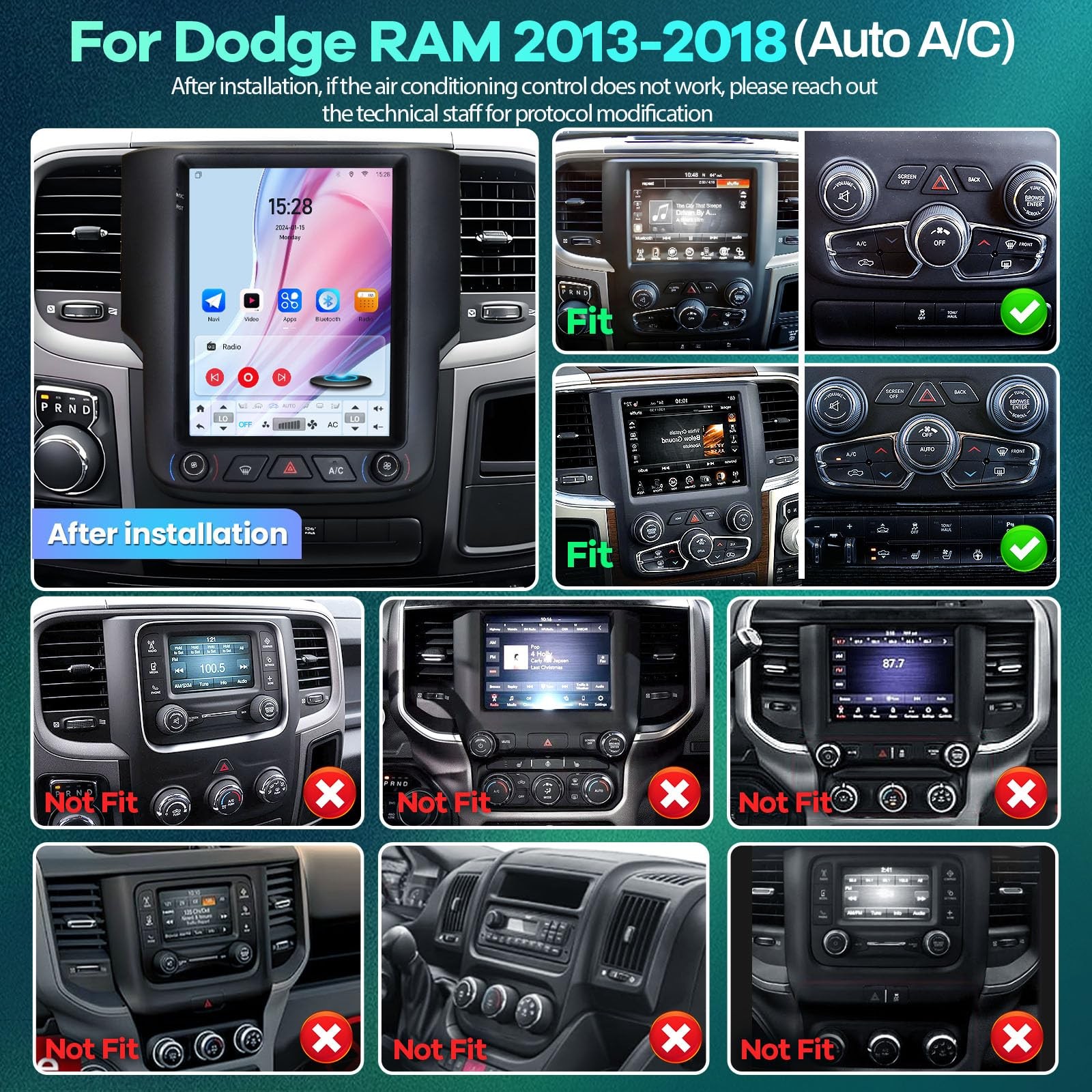 9.7″ 8Core 4+32G Radio for Dodge Ram 1500 2500 3500 2013-2018 Auto AC,Vertica…