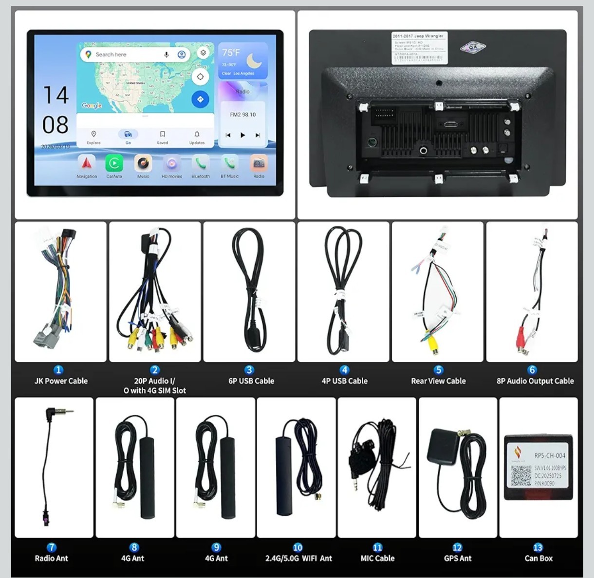 Cidava 13″ Android 13 8+128GB for Jeep Wrangler JK 2011-2017, 5G Wifi, 4K QLED
