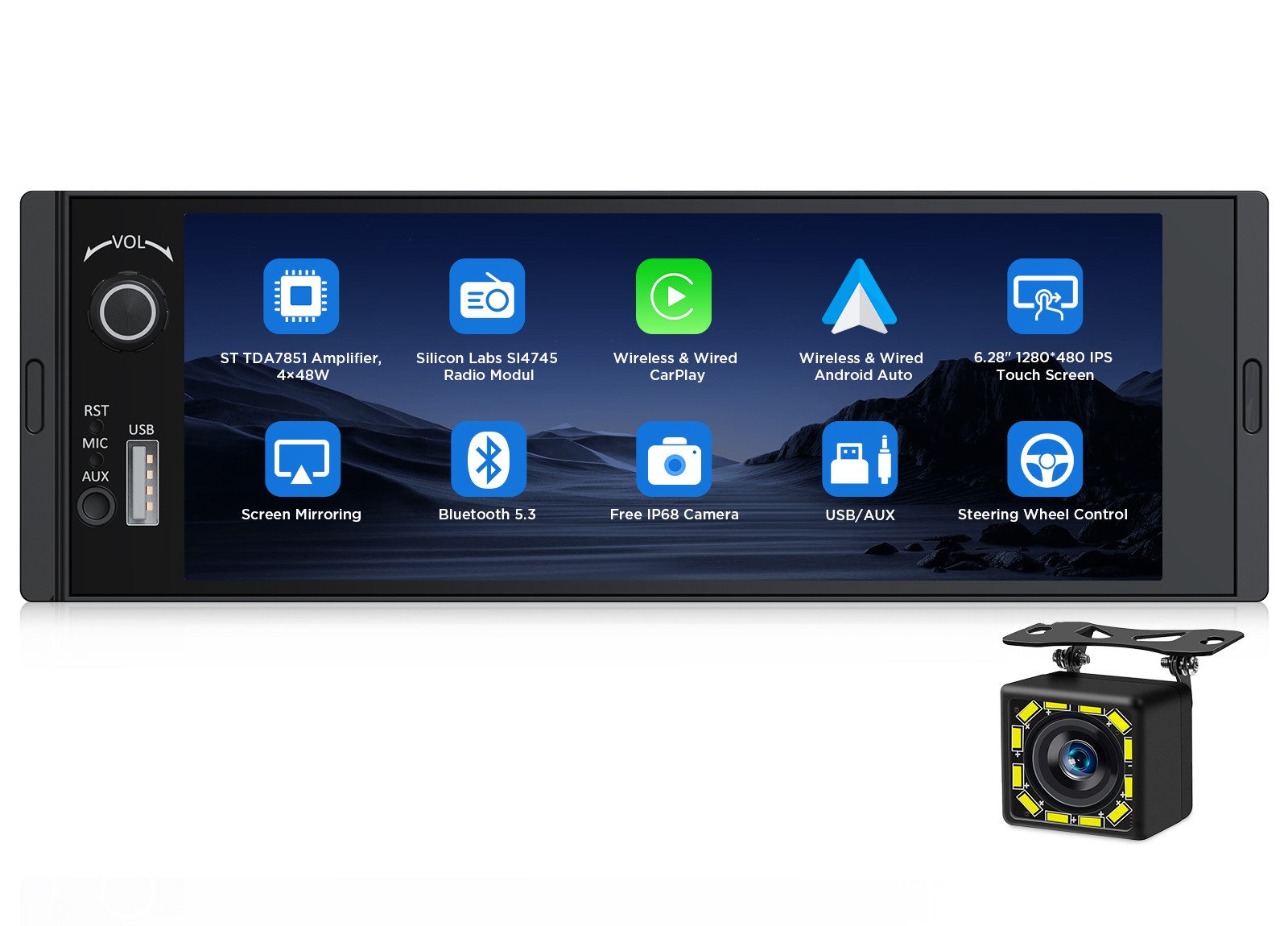Android Auto 6.28″ IPS Single DIN Car Stereo Radio Apple CarPlay GPS Touchscreen