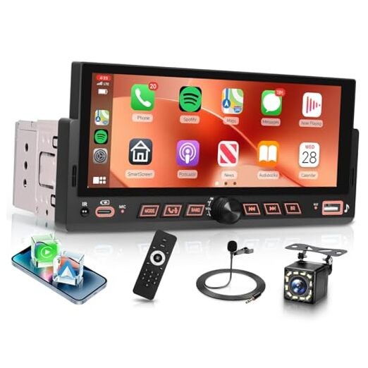 Single Din Car Stereo Wirelsss Carplay Android Auto, 1 Din Head Unit 6.86 Inch