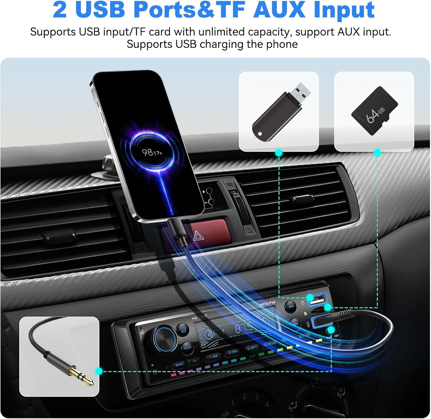 Single Din Car Stereo Bluetooth 5.0 Audio Radio with 64G Card FM Receiver Digita