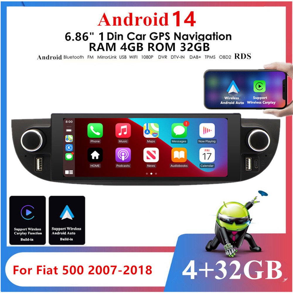 Car Radio Stereo Player GPS Navi Head Unit WIFI SWC Fit For Fiat 500 2007-2018