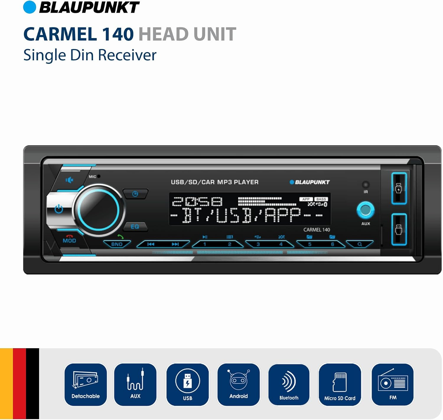 Carmel 140 Bluetooth Car Stereo – 2 USB Ports, SD Card Slot, AM/FM Radio, USB Ch