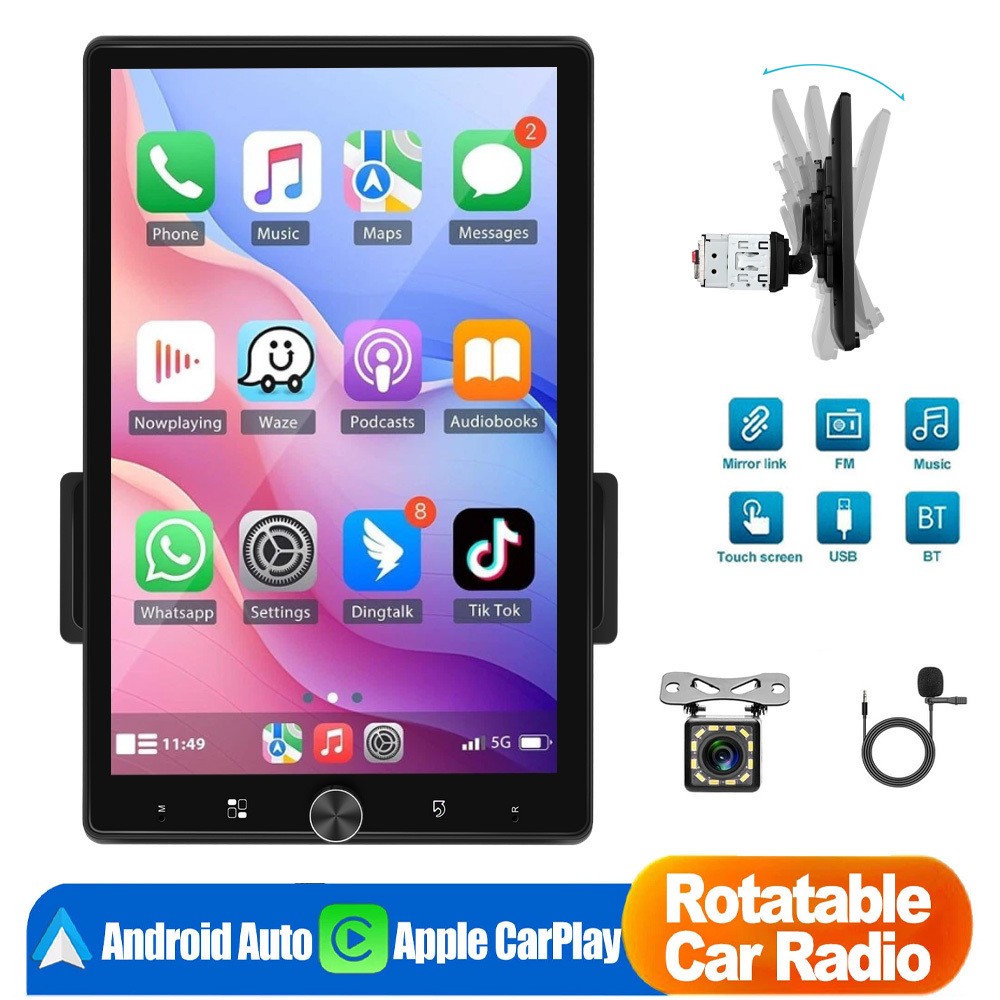 Single 1 Din 10.4″ Touch Screen Stereo USB BT FM Car Radio Android Carplay +Cam