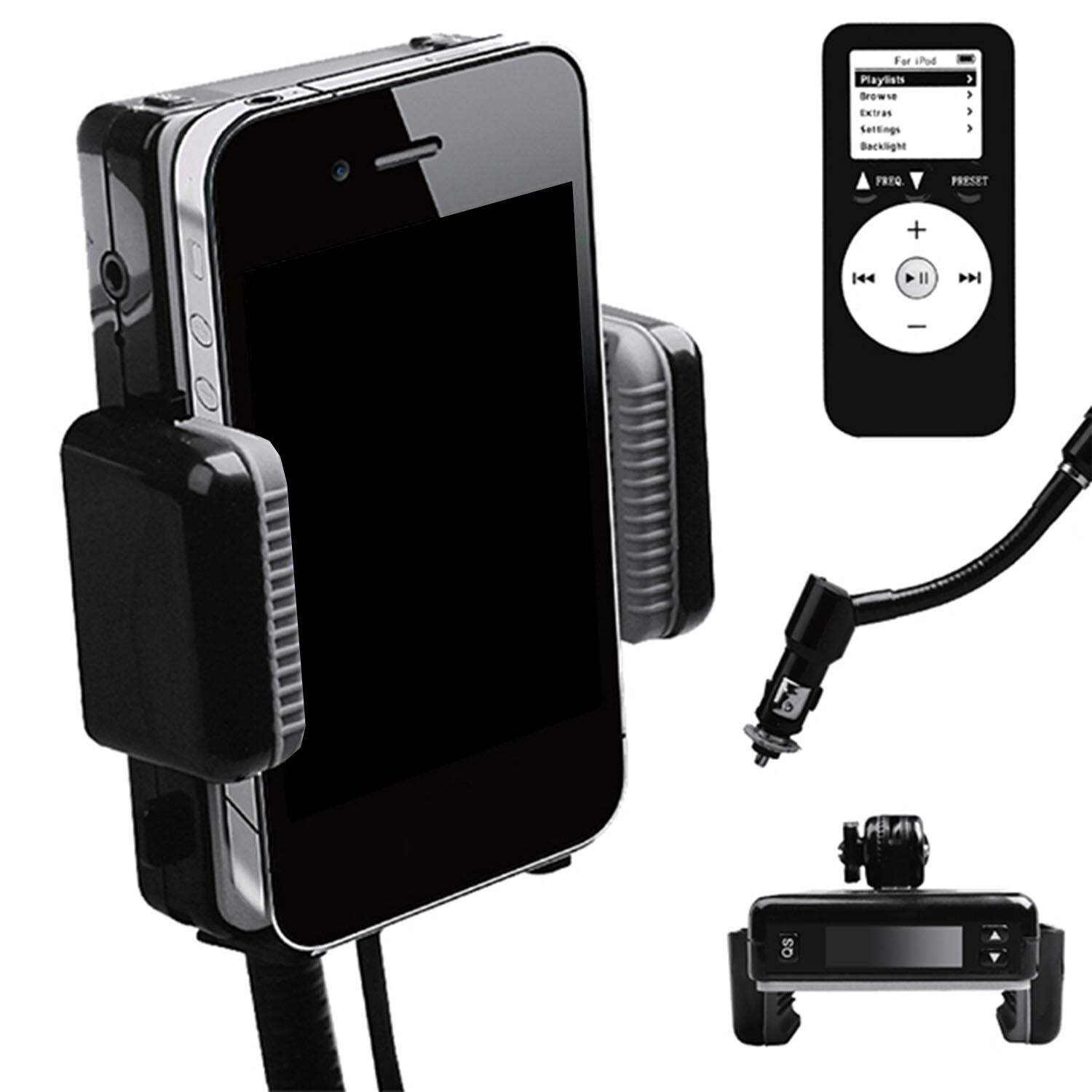 FM Transmitter Hands-free Car Charger W/ Remote Control Phone Stand 3.5 mm Headp