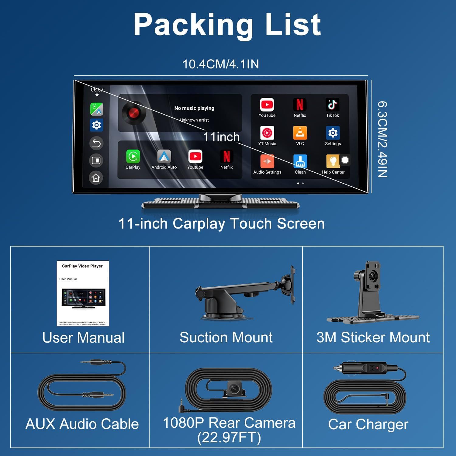 Upgraded 11″ Carplay Screen for Car, Built-In Net-Flix/Youtube/Tiktok and Other