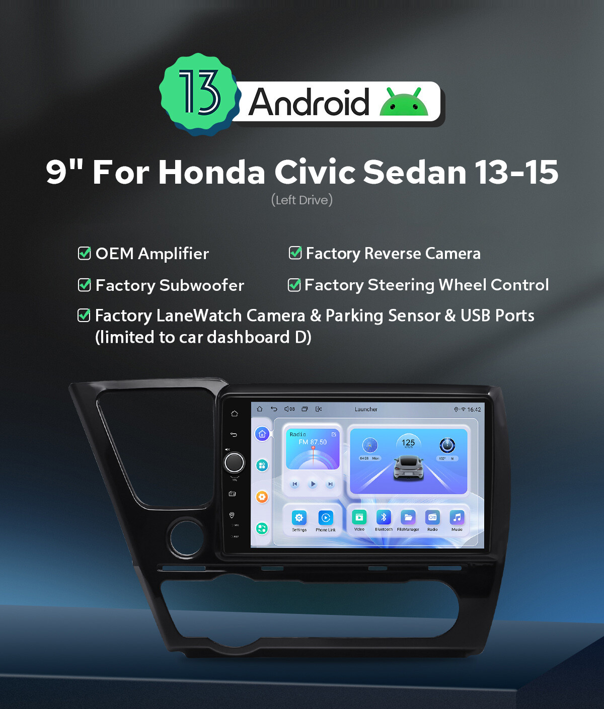 Android12 for 2013-2017 Honda Civic Sedan 9 Inch Car Radio GPS Navi Carplay HDMI