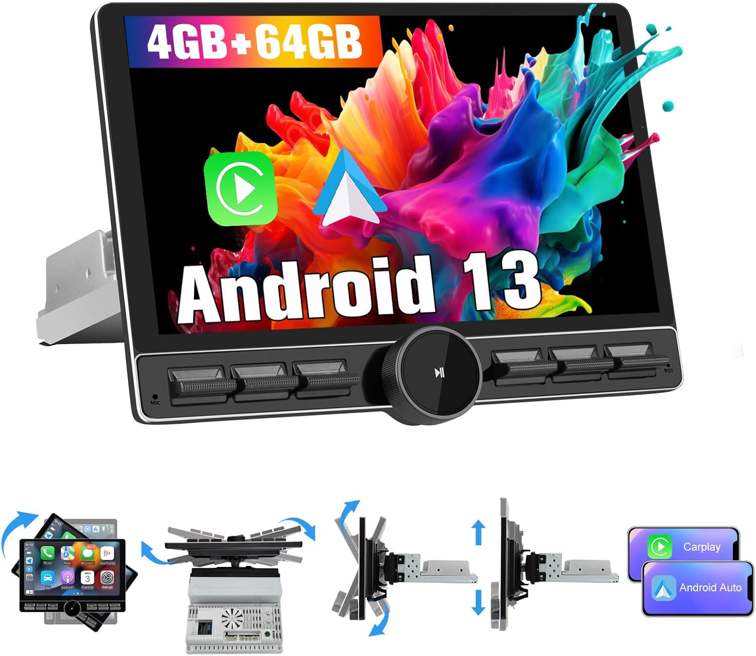 Single Din Car Radio Stereo Universal 8 Core Car Radio Rotatable Touchscreen10.6