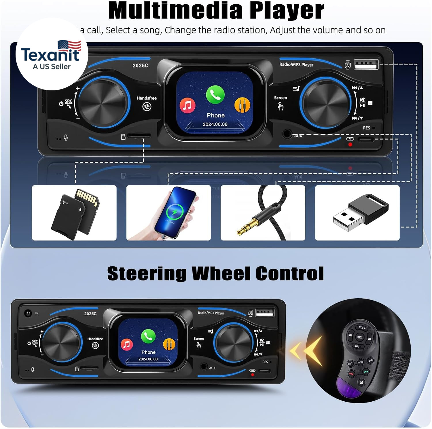 Single Din Car Stereo Marine Radio Bluetooth Multimedia Car Audio Receivers with