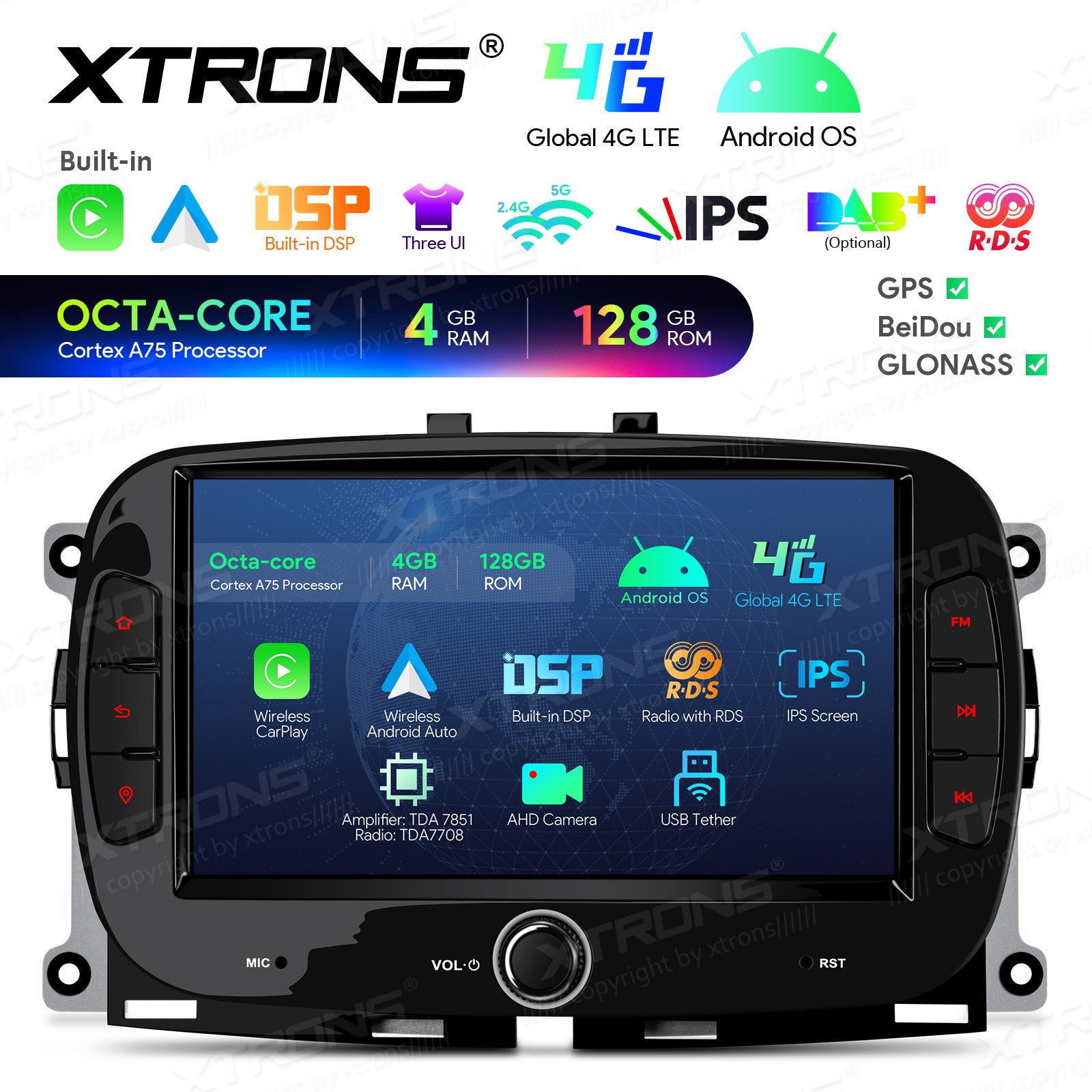 CarPlay For Fiat 500 Android 13 8-Core Car Stereo Radio RDS GPS 4G LTE WiFi 64GB