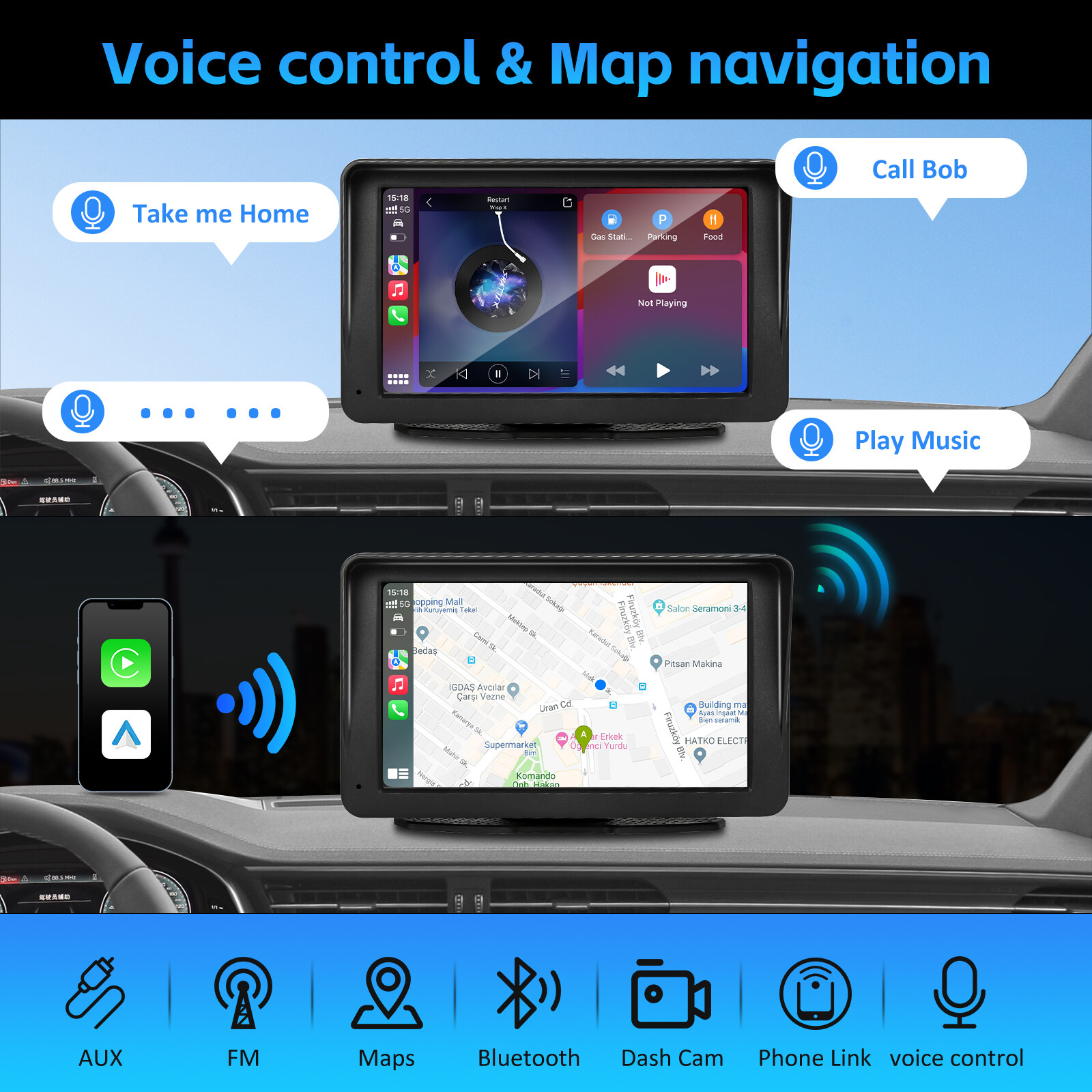 7″ Portable Touch Screen Wireless CarPlay Android Auto Car FM Radio AUX +Camera