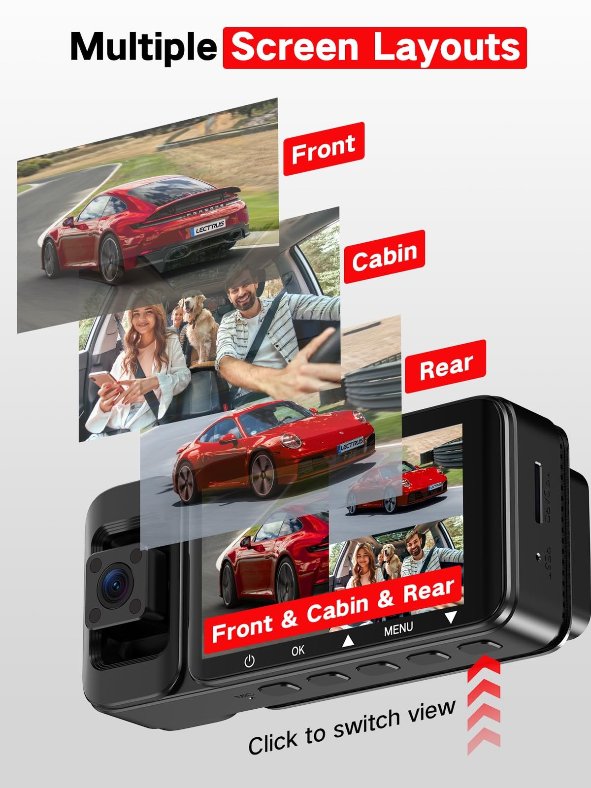 4K UHD 3-Channel Dash Cam Front/Rear/Inside Car Camera with 64GB – Night Vision/