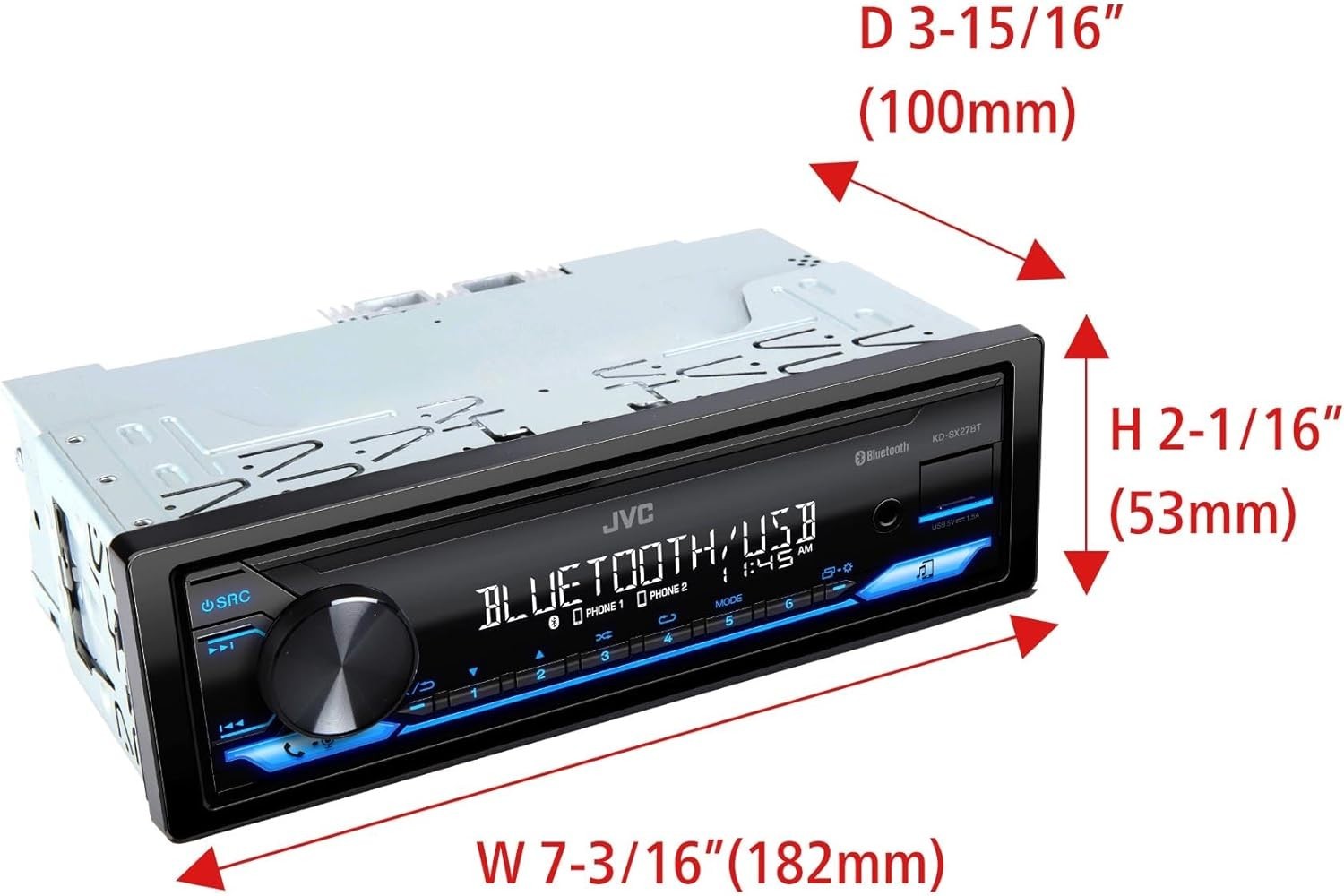 Single DIN Bluetooth Receiver with 100W Power, USB Charging & Remote App Access