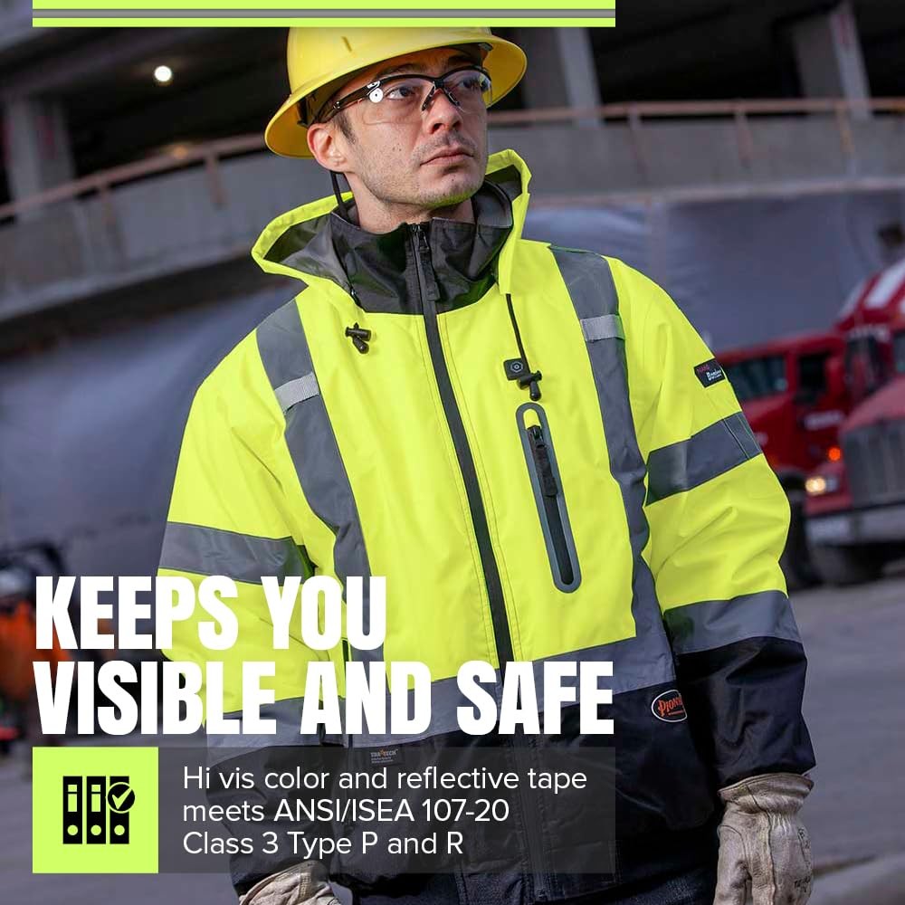 Pioneer Hi Vis Waterproof Heated Safety Bomber Jacket – Class 3 Winter Rain Gear