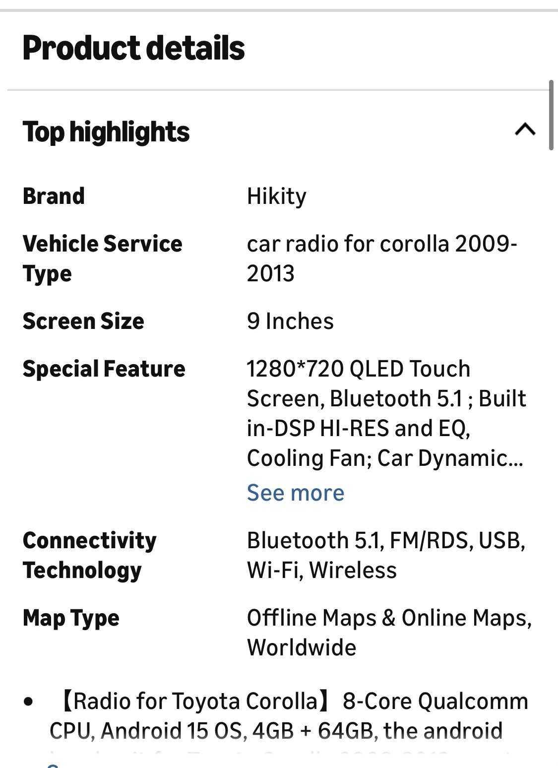 ====Hikity Qualcomm 8Core 4+64G 9″ IPS QLED Touchscreen Toyota Corolla 2009-2013