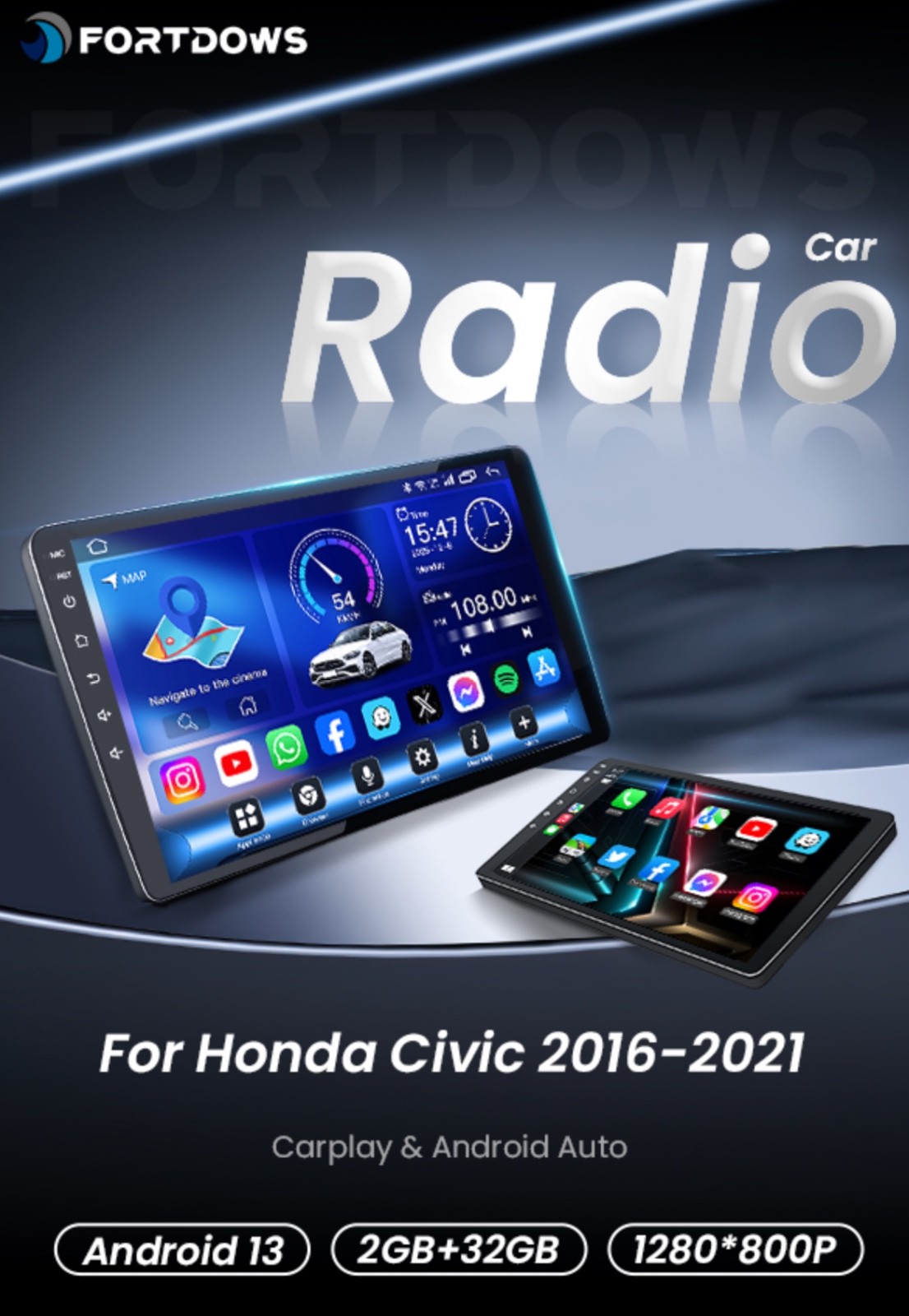 Android 13 Car Radio Honda Civic 2016-2021 9” IPS Touchscreen Wireless CarPlay