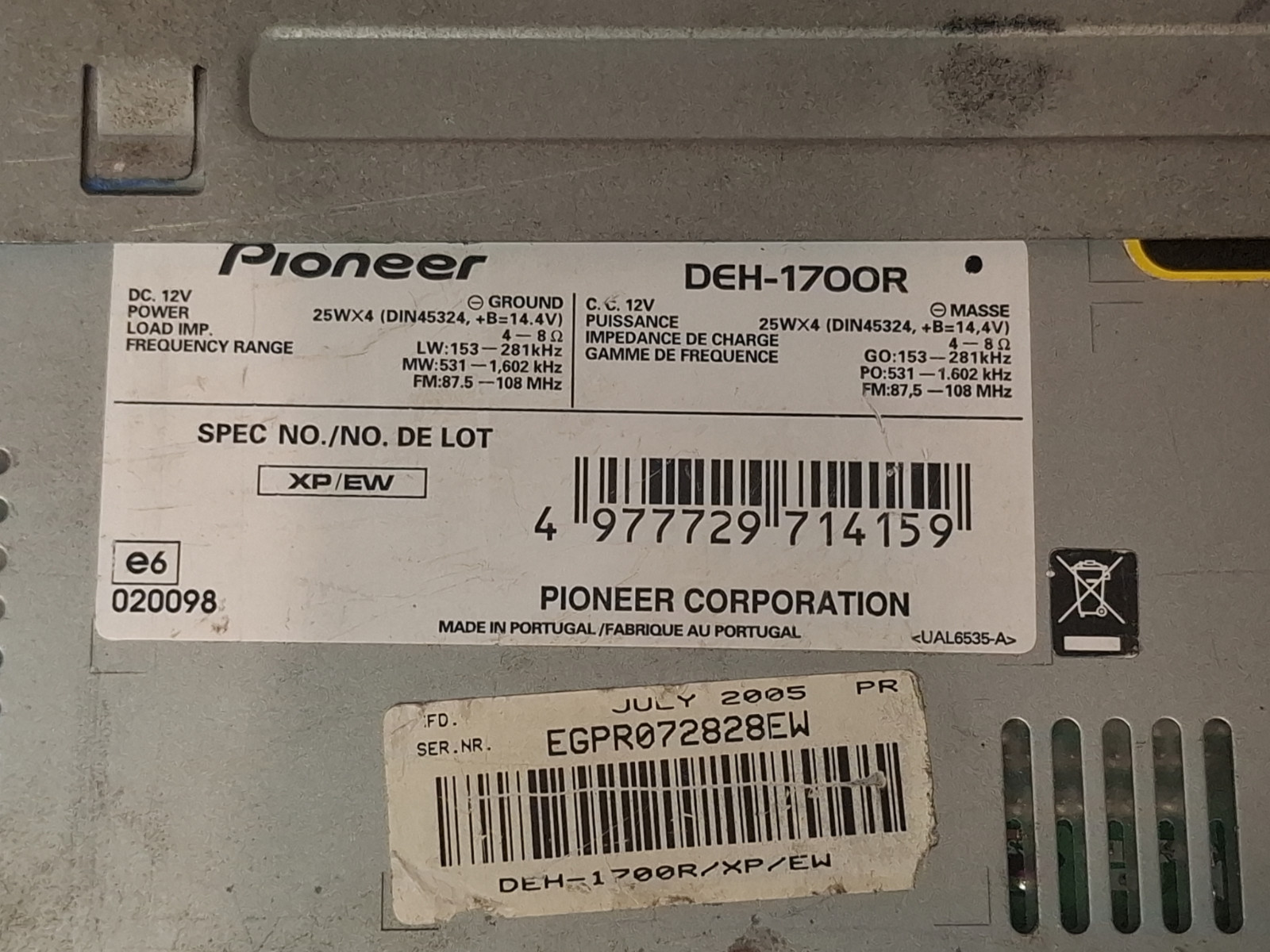 Pioneer DEH-1700R Car Stereo Radio CD Player AM FM OEM Tested