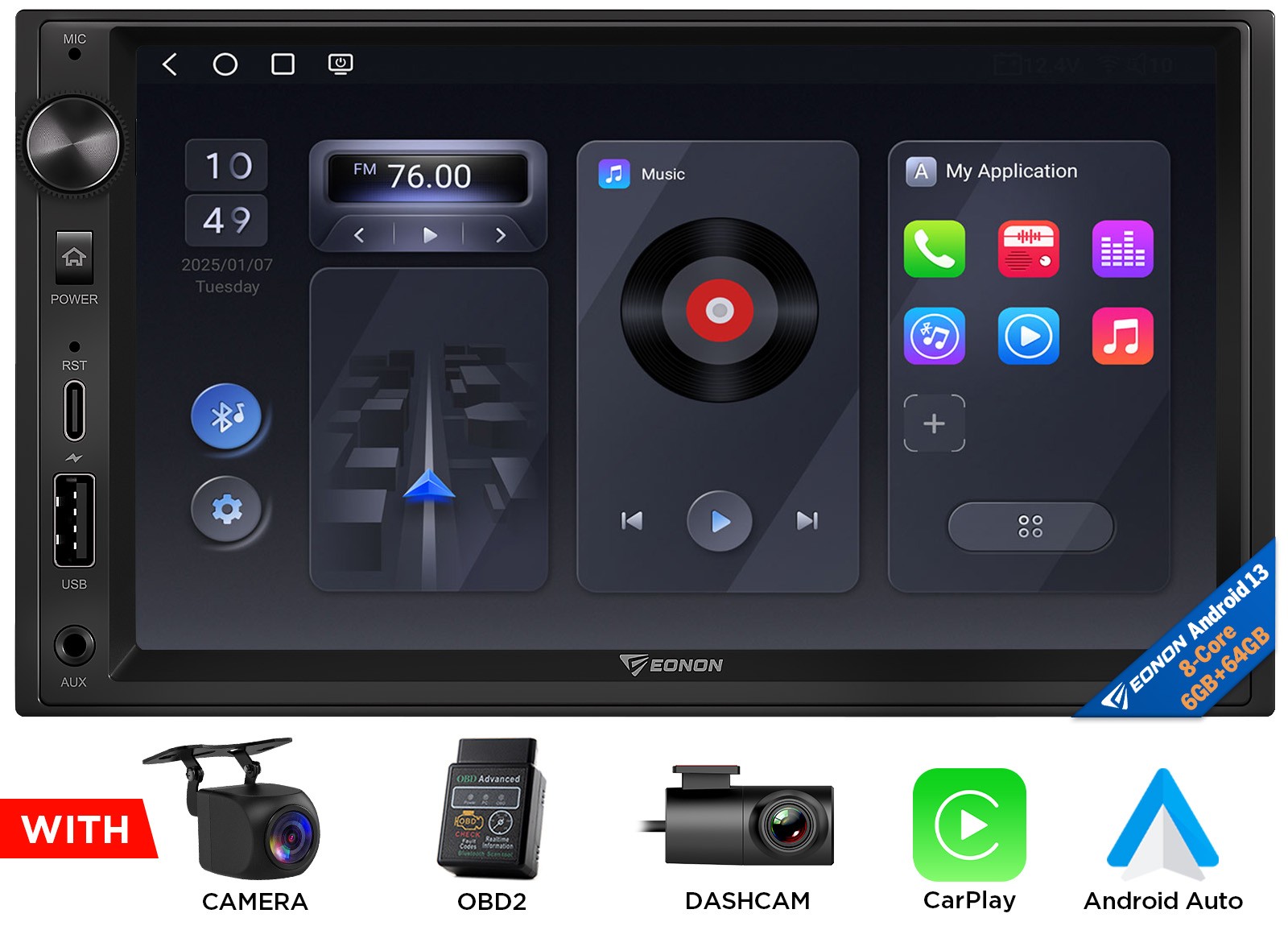 Android 13 6+64GB 7″ Car Radio Stereo CarPlay Android Auto 13 GPS Navi WiFi 2Din