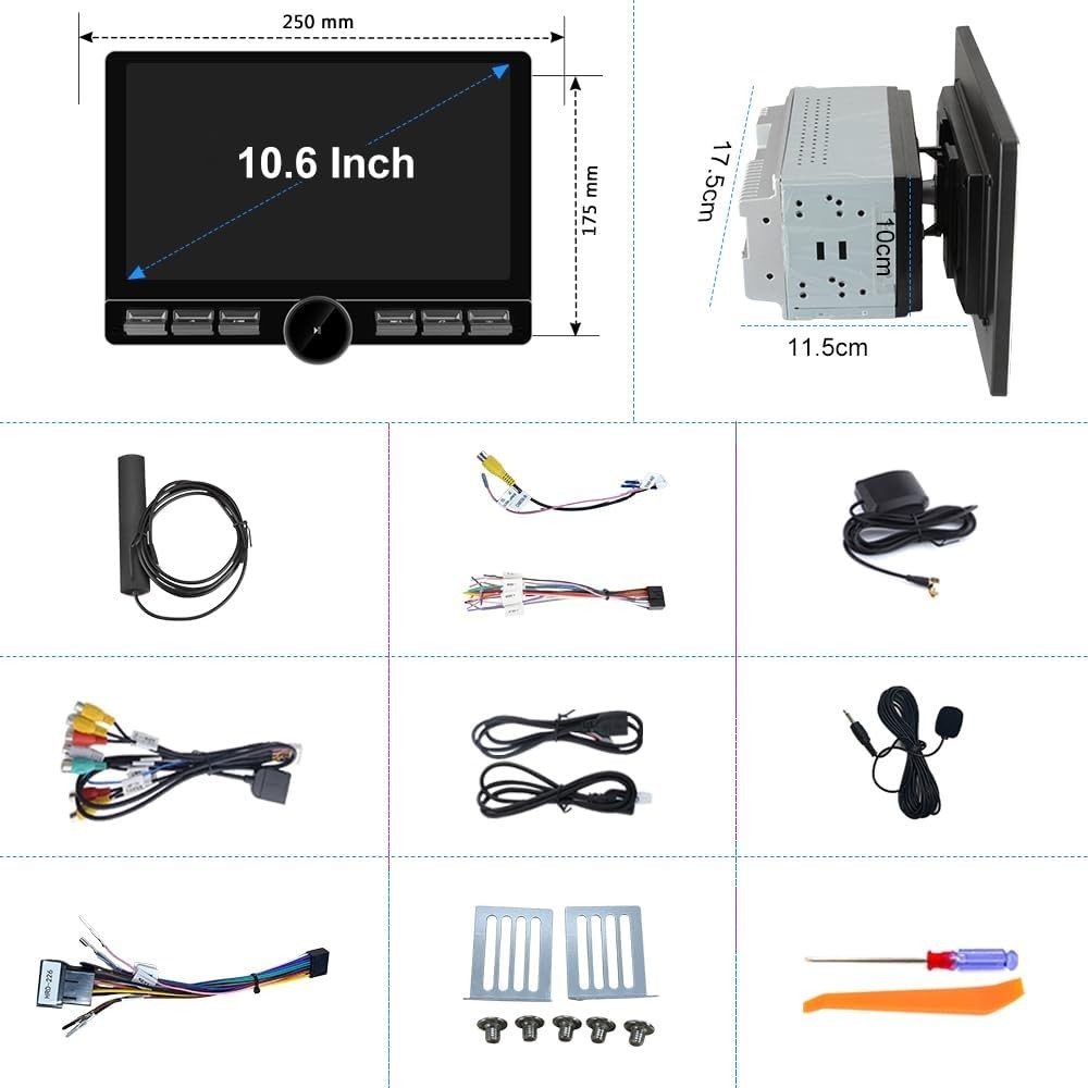 10.6″ Android 13 Double Din Car Radio 4+ 64G W/L 4G Knob Button GPS DSP Wi
