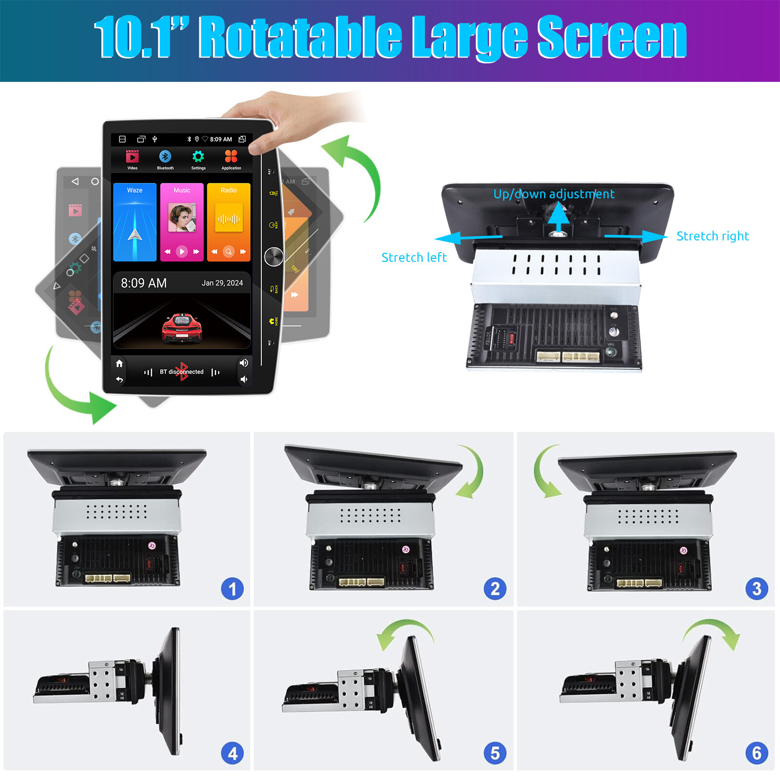360° Rotatable Car Stereo Apple Carplay Android 14 10″ Touch Screen Radio Camera