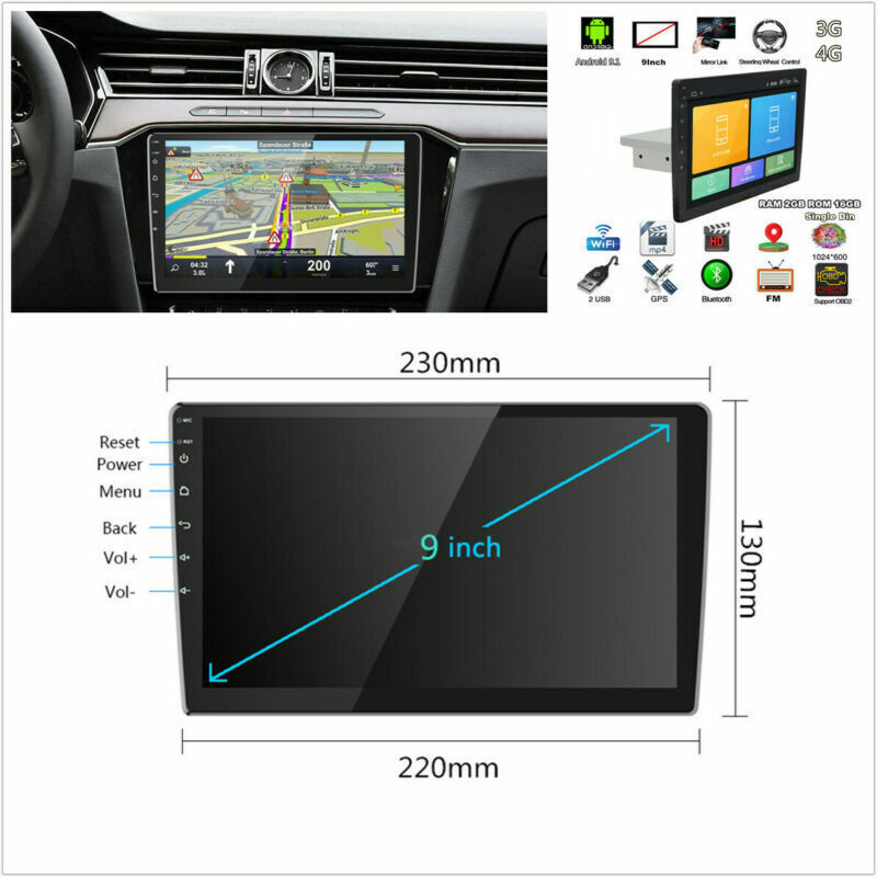 1 Din 9″ 1080P Touch Screen Quad-core RAM 2GB ROM 16GB Car Stereo Radio GPS Nav