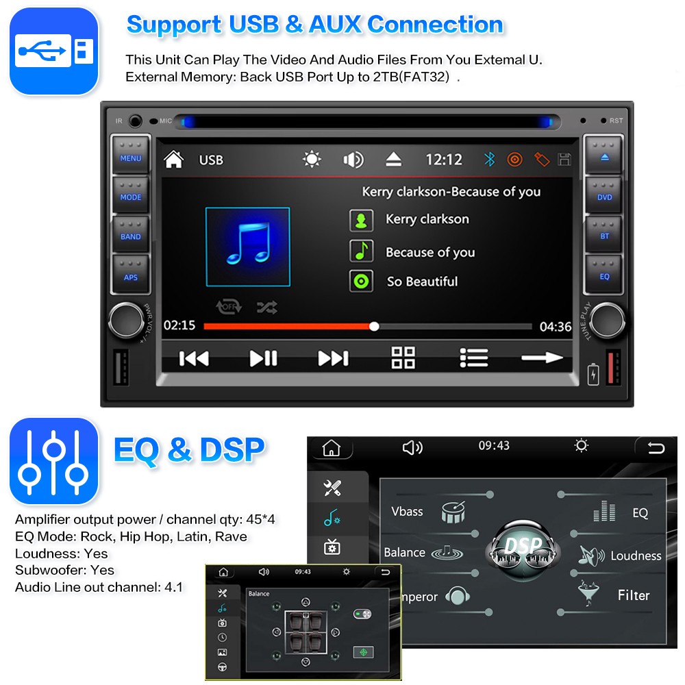 USB/SD/AUX Stereo Remote control Touch Screen DVD/CD Player Bluetooth 2 Din 6.2″