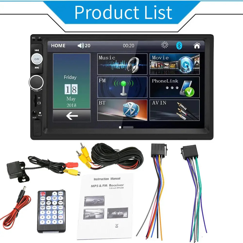 Car Stereo Double Din Car Radio 7 Inch HD Player MP5 Touch Screen+Backup Camera