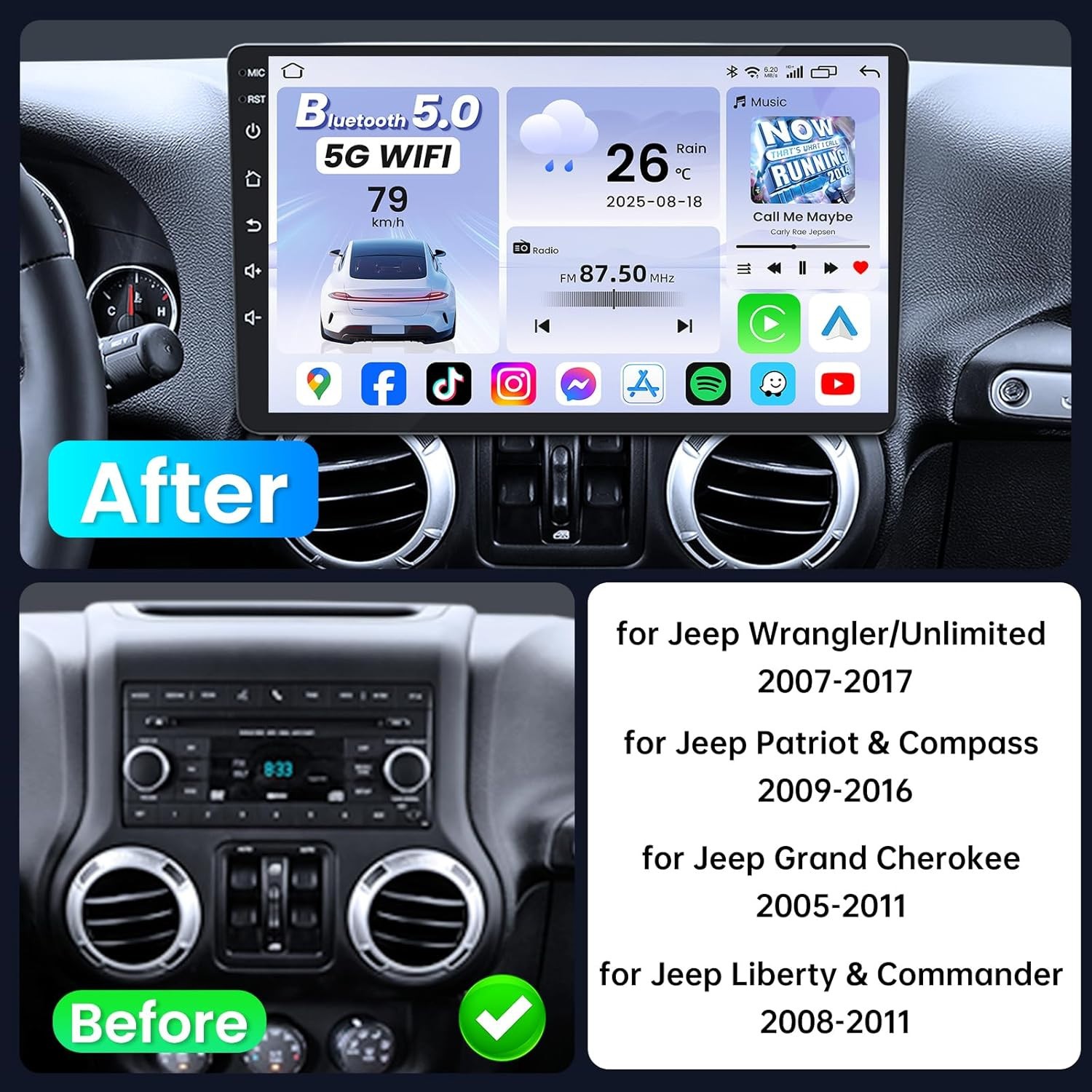 10″ 8Core 4+32G Android Auto Carplay Jeep Wrangler JK Patriot Compass 2007-2017