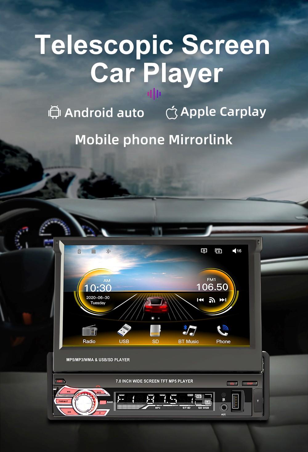 Single DIN 7″ Apple CarPlay Android Auto Car Stereo Radio Flip Out HD Screen FM