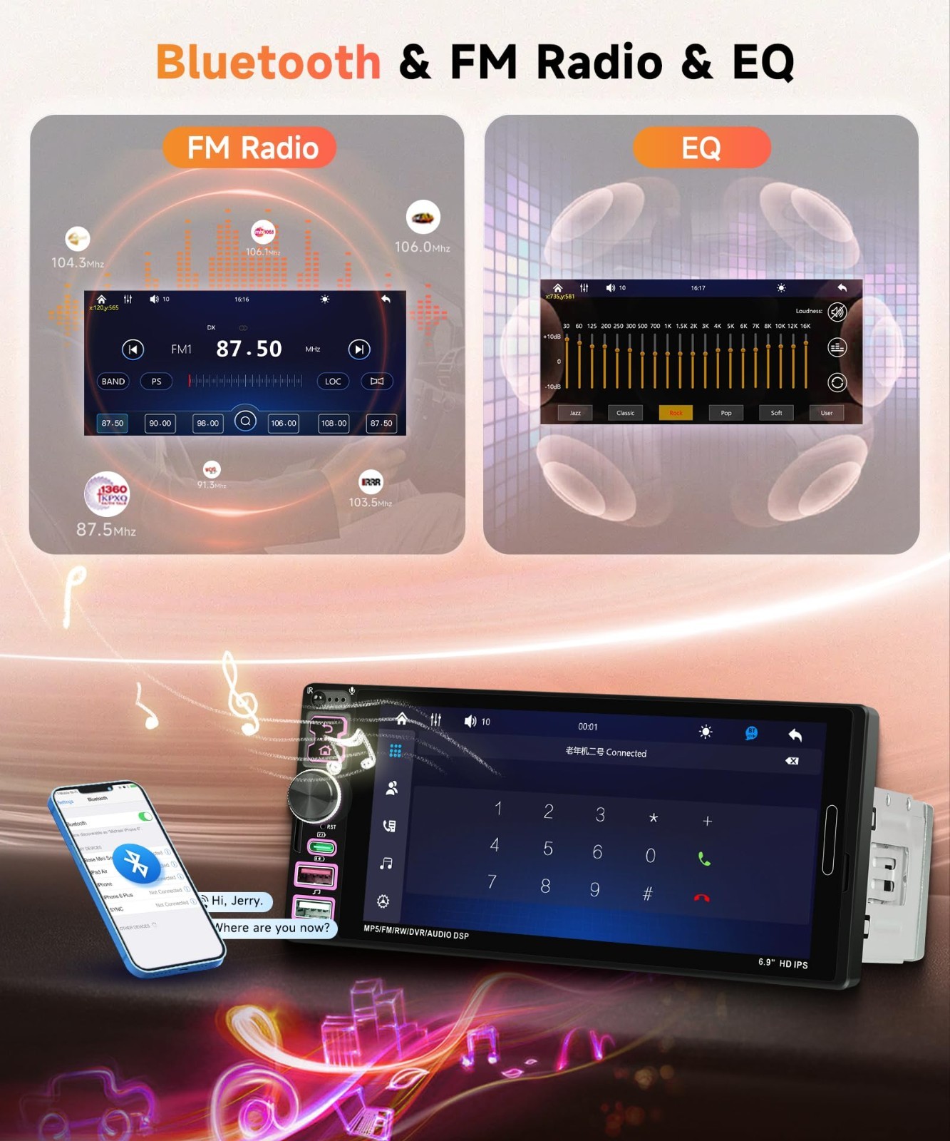 6.9″ Single Din Car Stereo, Bluetooth 5.2, Wired CarPlay & Android Auto, Touch S