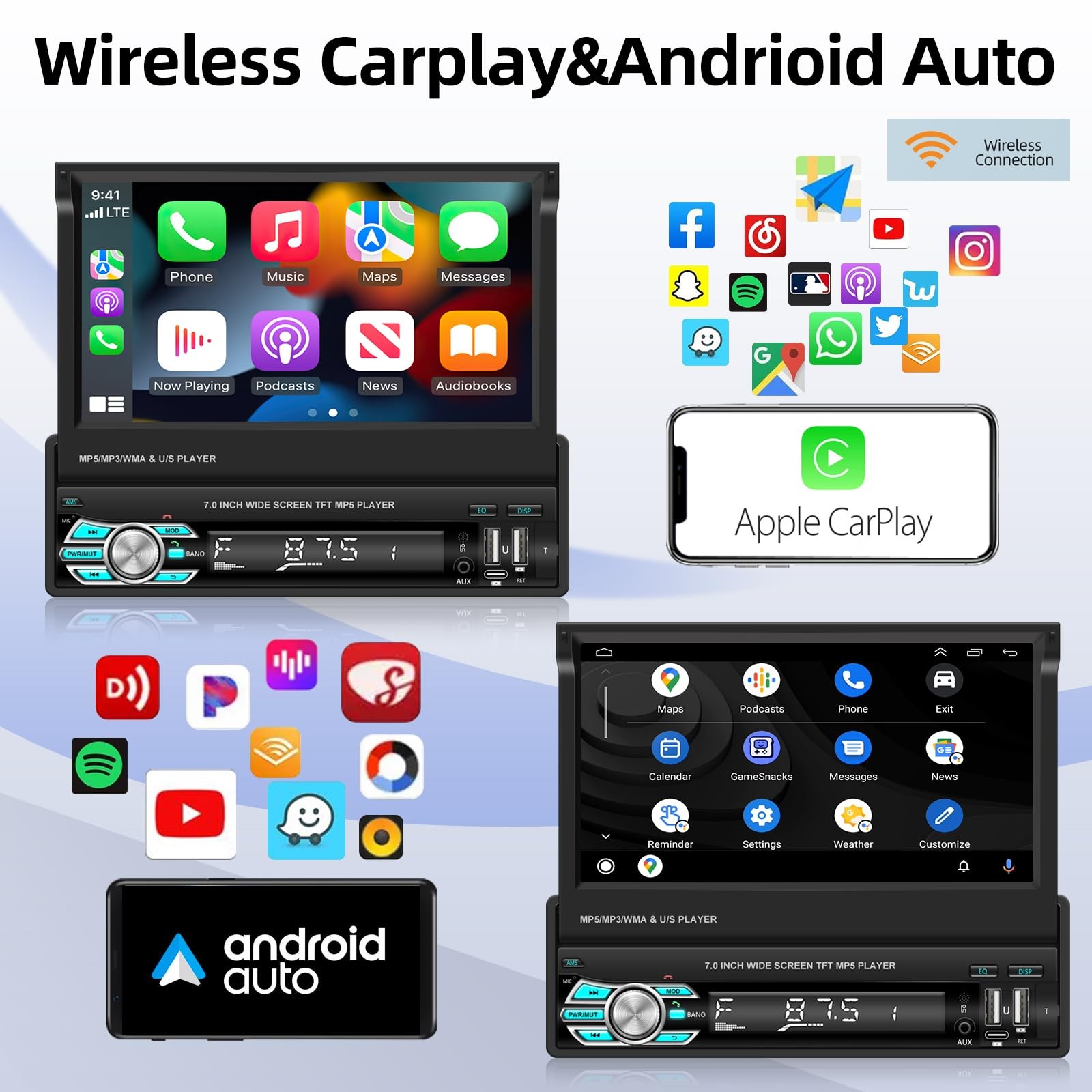 Single Din Car Radio with Bluetooth, Wireless Carplay ＆ Android Auto, 7 Inch …